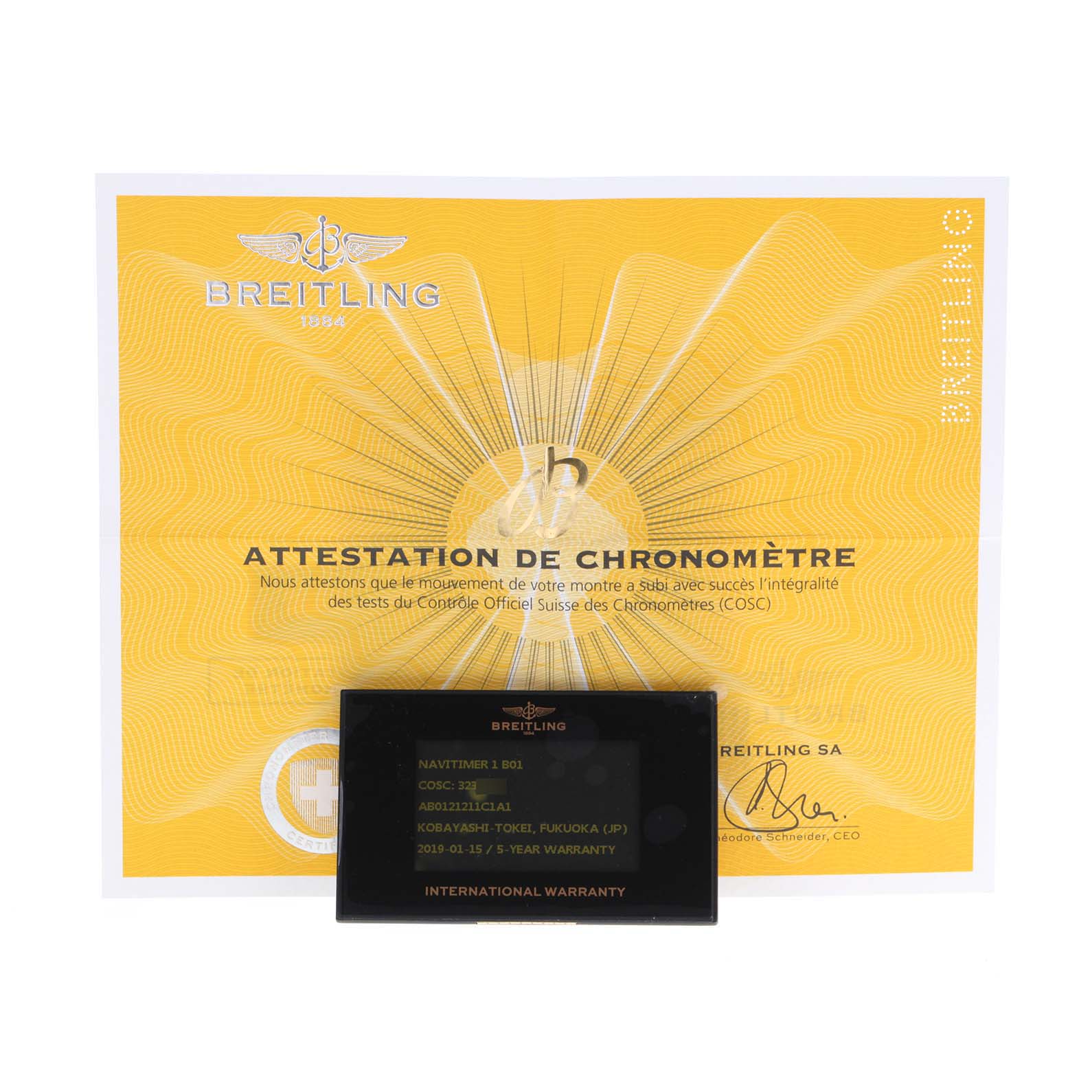 The image shows the certification and international warranty card for the Breitling Navitimer AB0121 Men's Stainless Steel Blue Dial AB0121 Men's Stainless Steel Blue Dial model.