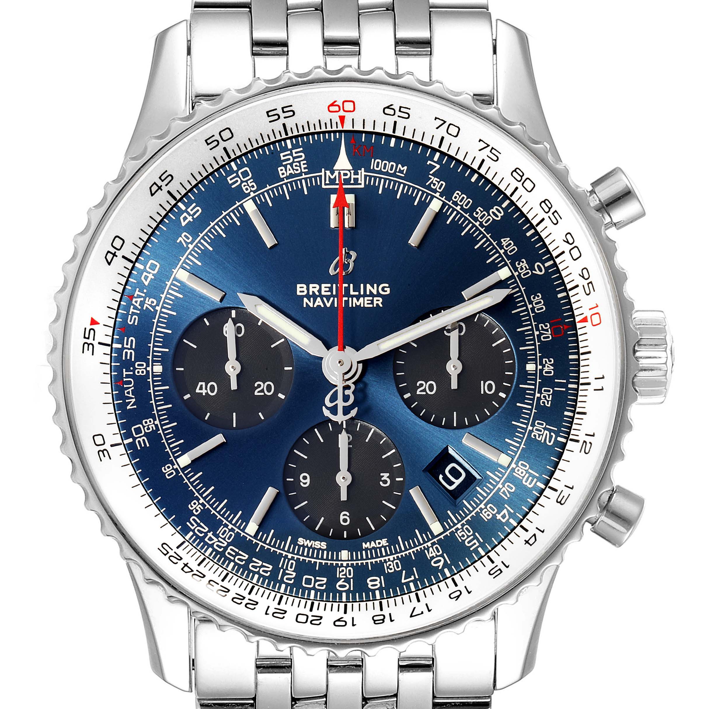 The image shows a front view of a Breitling Navitimer AB0121 Men's Stainless Steel Blue Dial AB0121 Men's Stainless Steel Blue Dial watch, highlighting its dial, subdials, bezel, and bracelet.