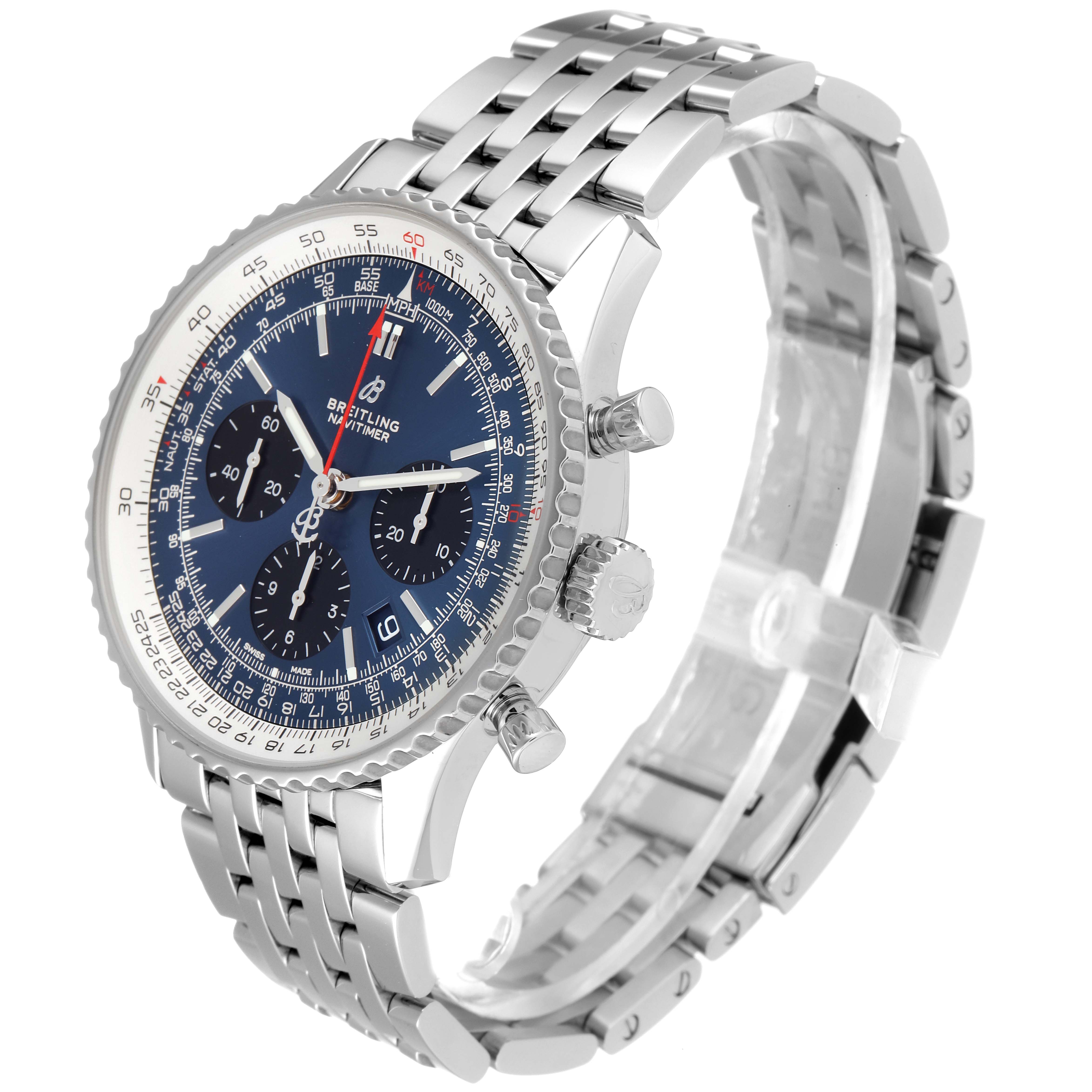 The image shows a side and front angle of the Breitling Navitimer AB0121 Men's Stainless Steel Blue Dial AB0121 Men's Stainless Steel Blue Dial watch, highlighting its dial, case, crown, and bracelet.