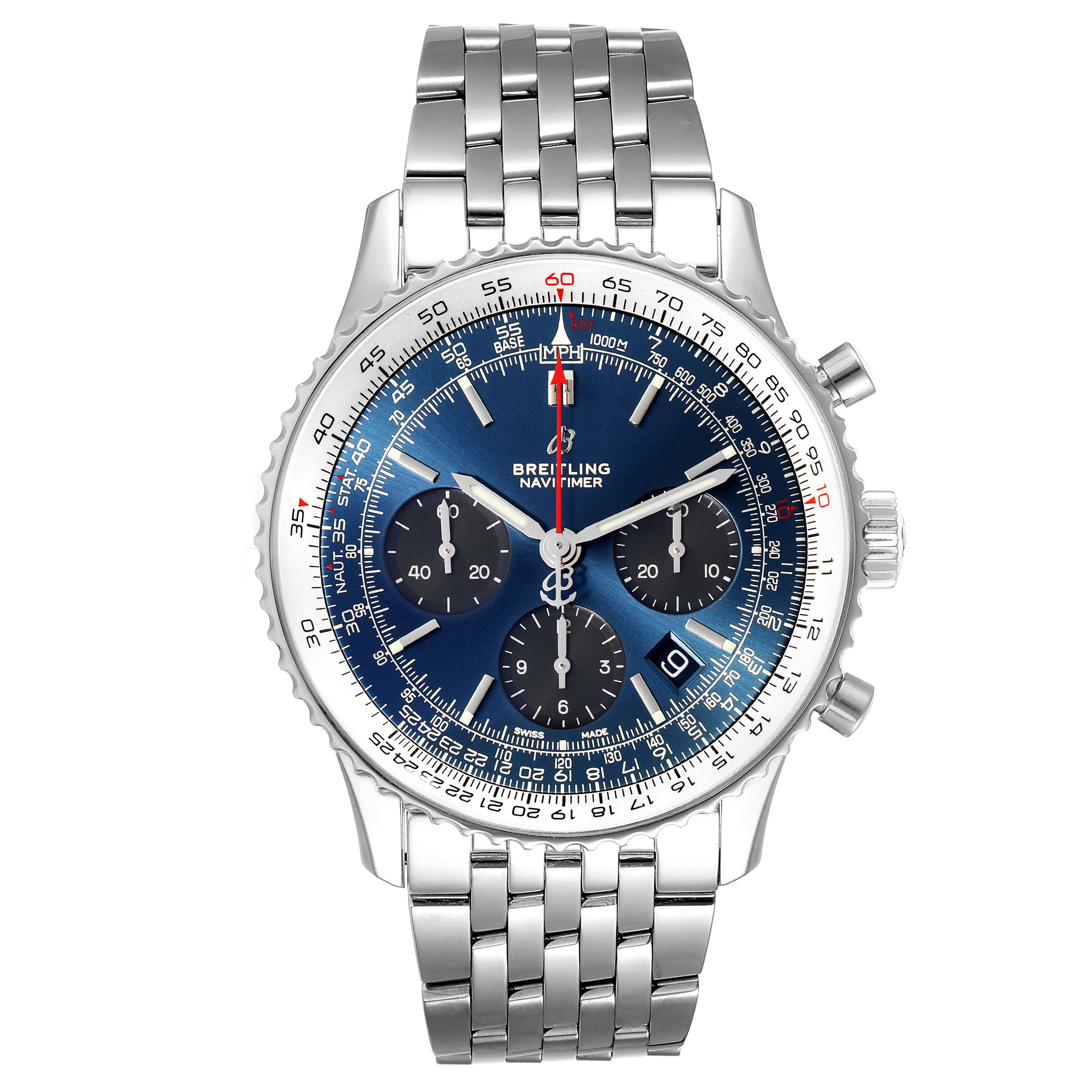 This image shows a front view of the Breitling Navitimer AB0121 Men's Stainless Steel Blue Dial AB0121 Men's Stainless Steel Blue Dial watch, showcasing its face, bezel, and stainless steel bracelet.