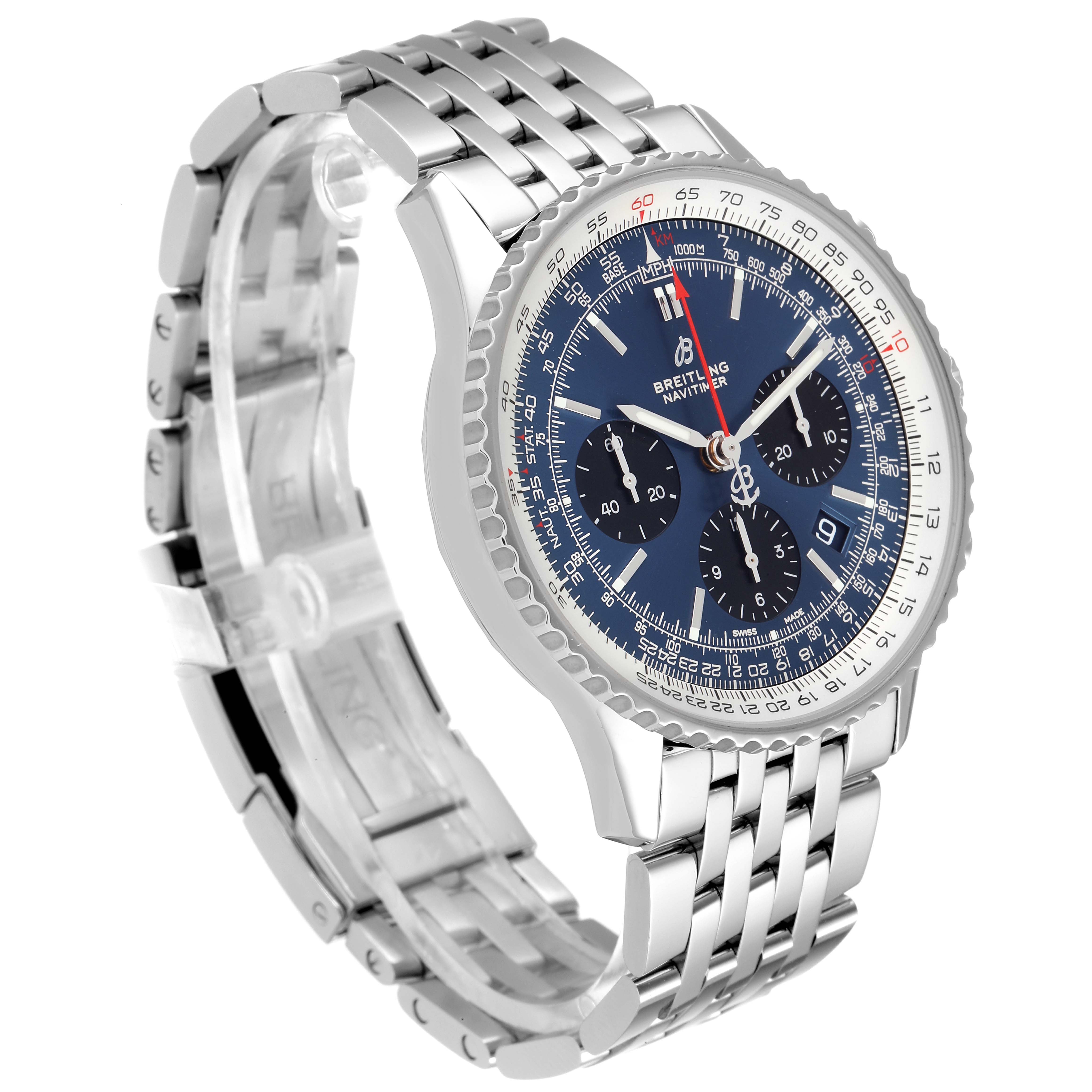 The Breitling Navitimer AB0121 Men's Stainless Steel Blue Dial AB0121 Men's Stainless Steel Blue Dial watch is shown at an angle displaying the face, bezel, and metal bracelet.