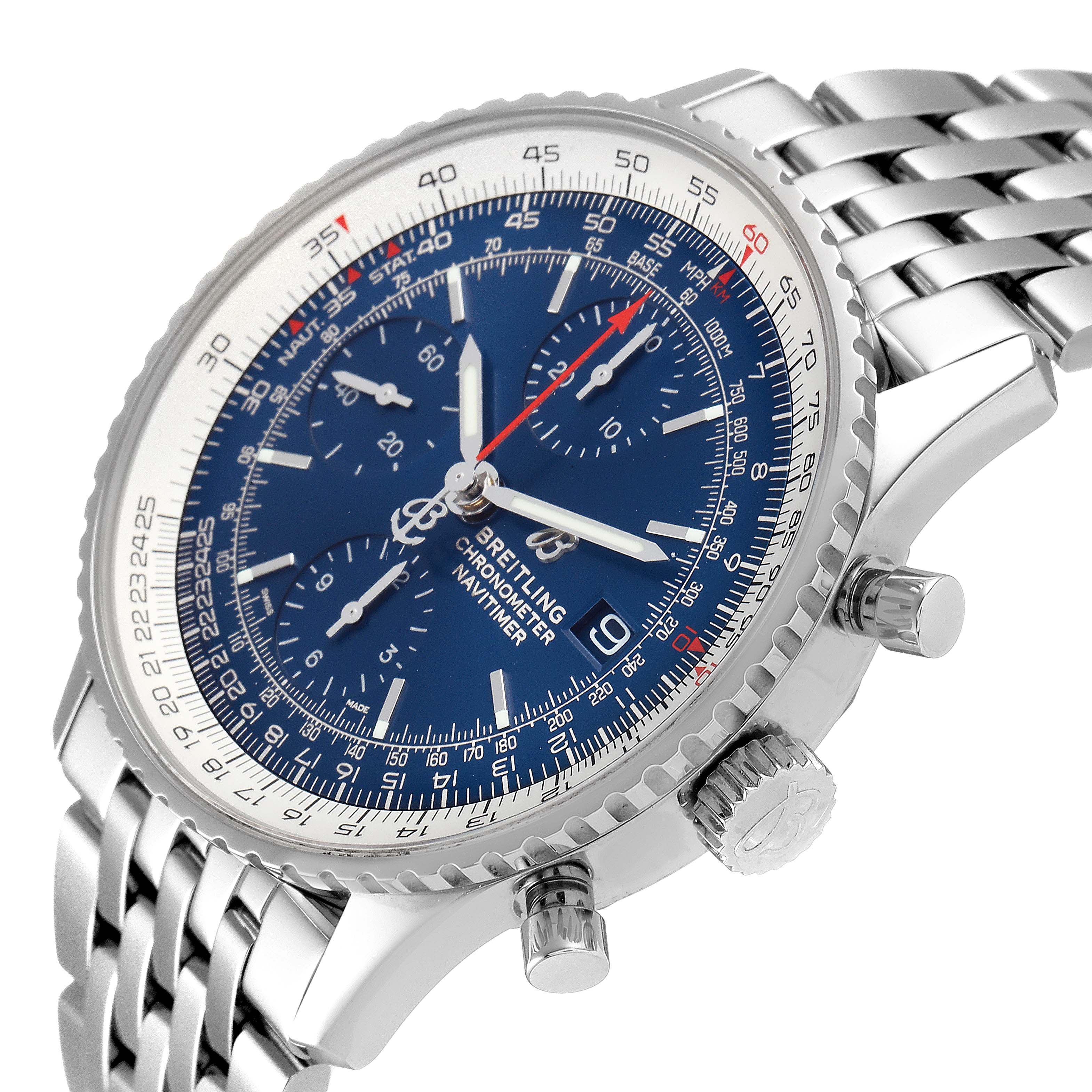 The image shows a Breitling Navitimer A13324 Men
s Stainless Steel Blue Dial A13324 Men
s Stainless Steel Blue Dial watch angled to showcase the face, bezel, crown, and chronograph pushers.