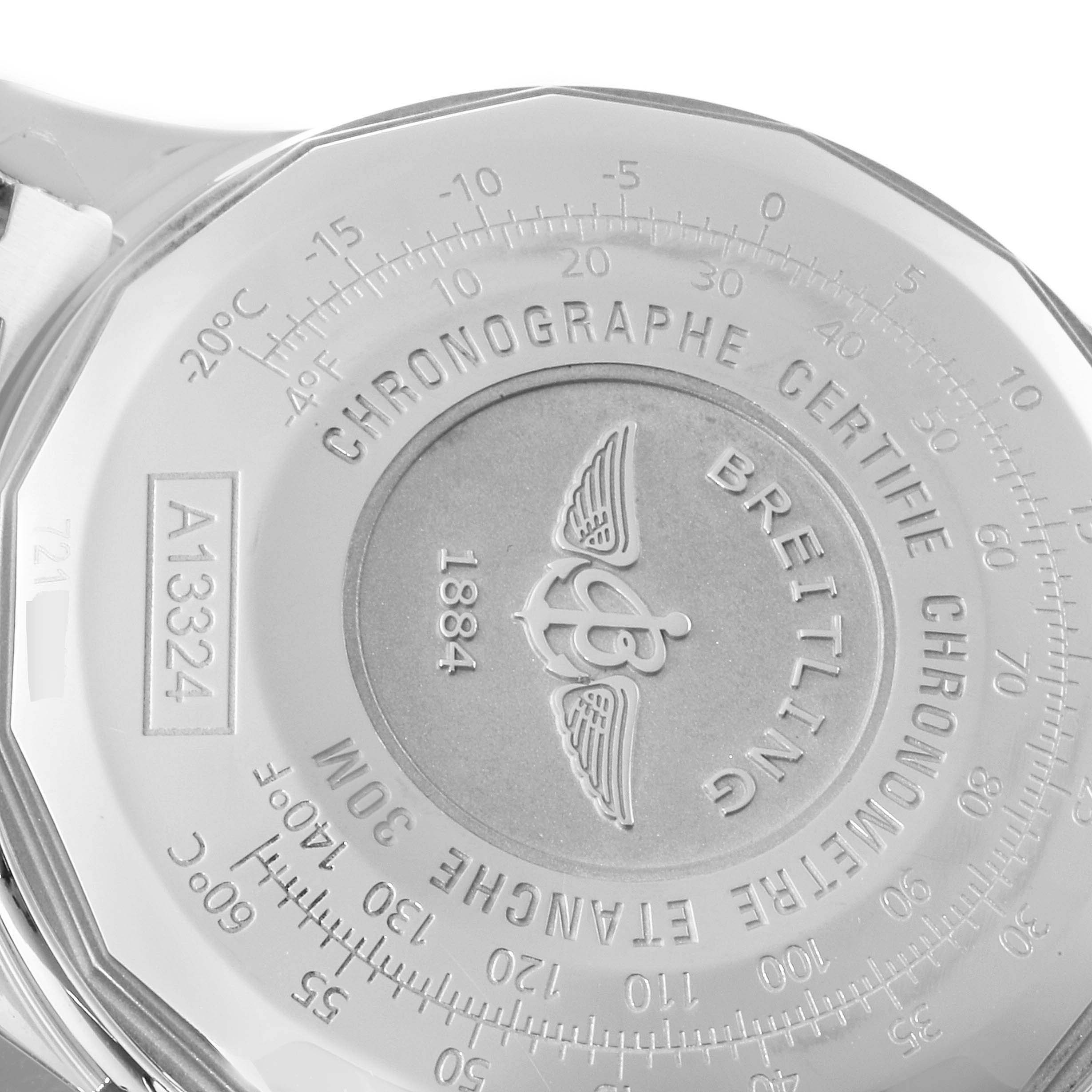 The image shows the back case of a Breitling Navitimer A13324 Men
s Stainless Steel Blue Dial A13324 Men
s Stainless Steel Blue Dial watch, highlighting engravings and the model number A13324.