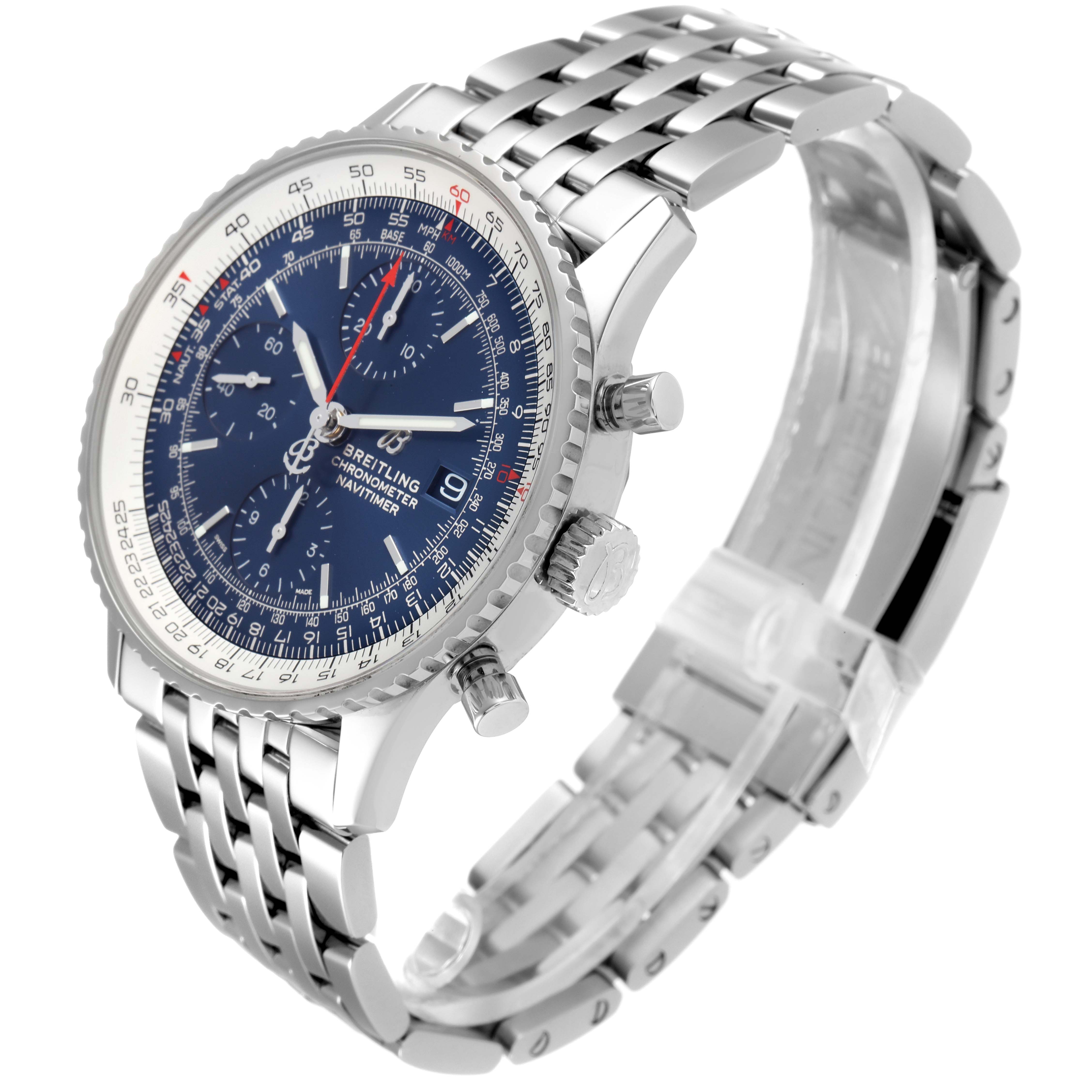 The image shows a Breitling Navitimer A13324 Men
s Stainless Steel Blue Dial A13324 Men
s Stainless Steel Blue Dial watch at a three-quarter angle highlighting the face, bezel, pushers, and metal bracelet.