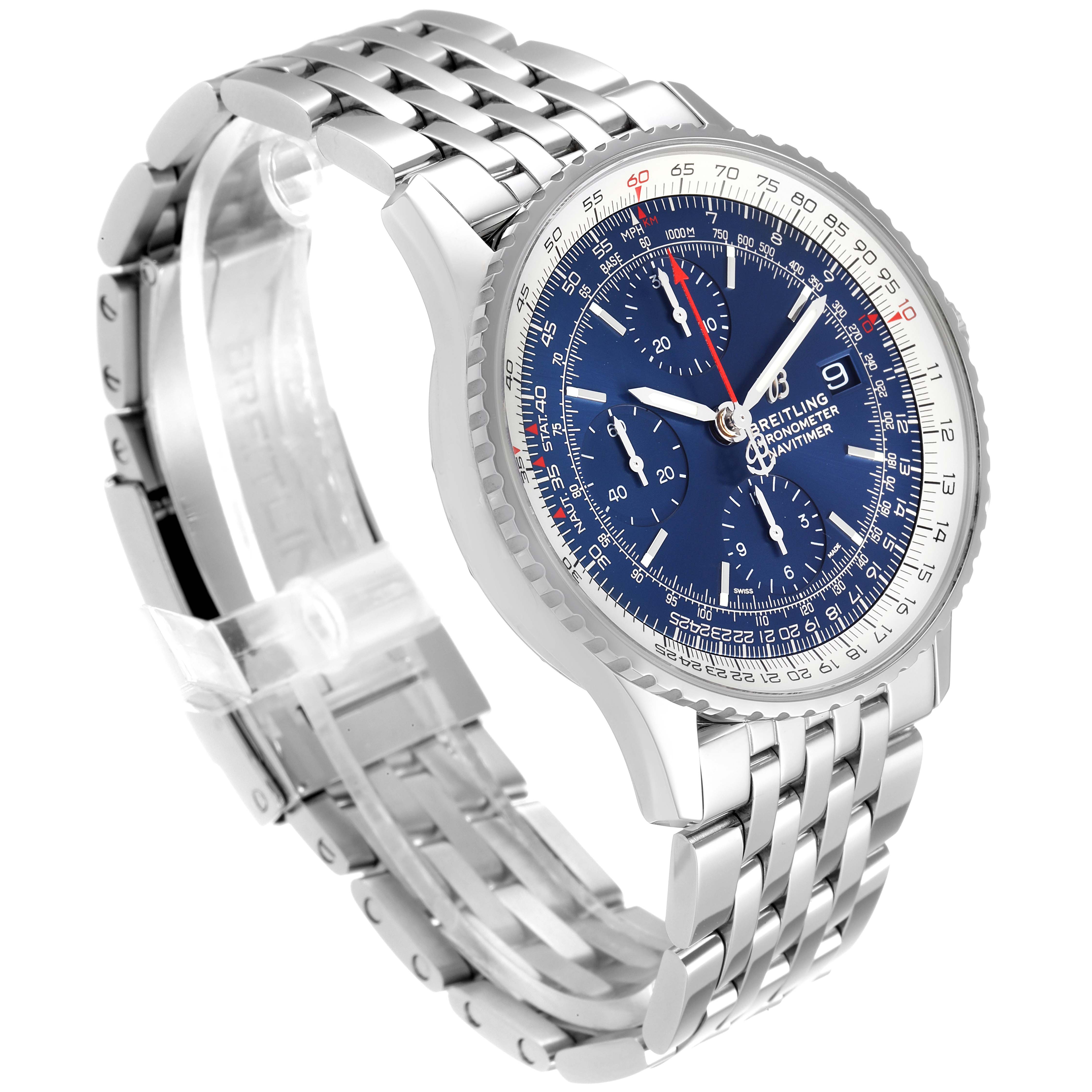 The image shows a Breitling Navitimer A13324 Men
s Stainless Steel Blue Dial A13324 Men
s Stainless Steel Blue Dial watch from a top-side angle, highlighting its blue dial, bezel, and metal bracelet.