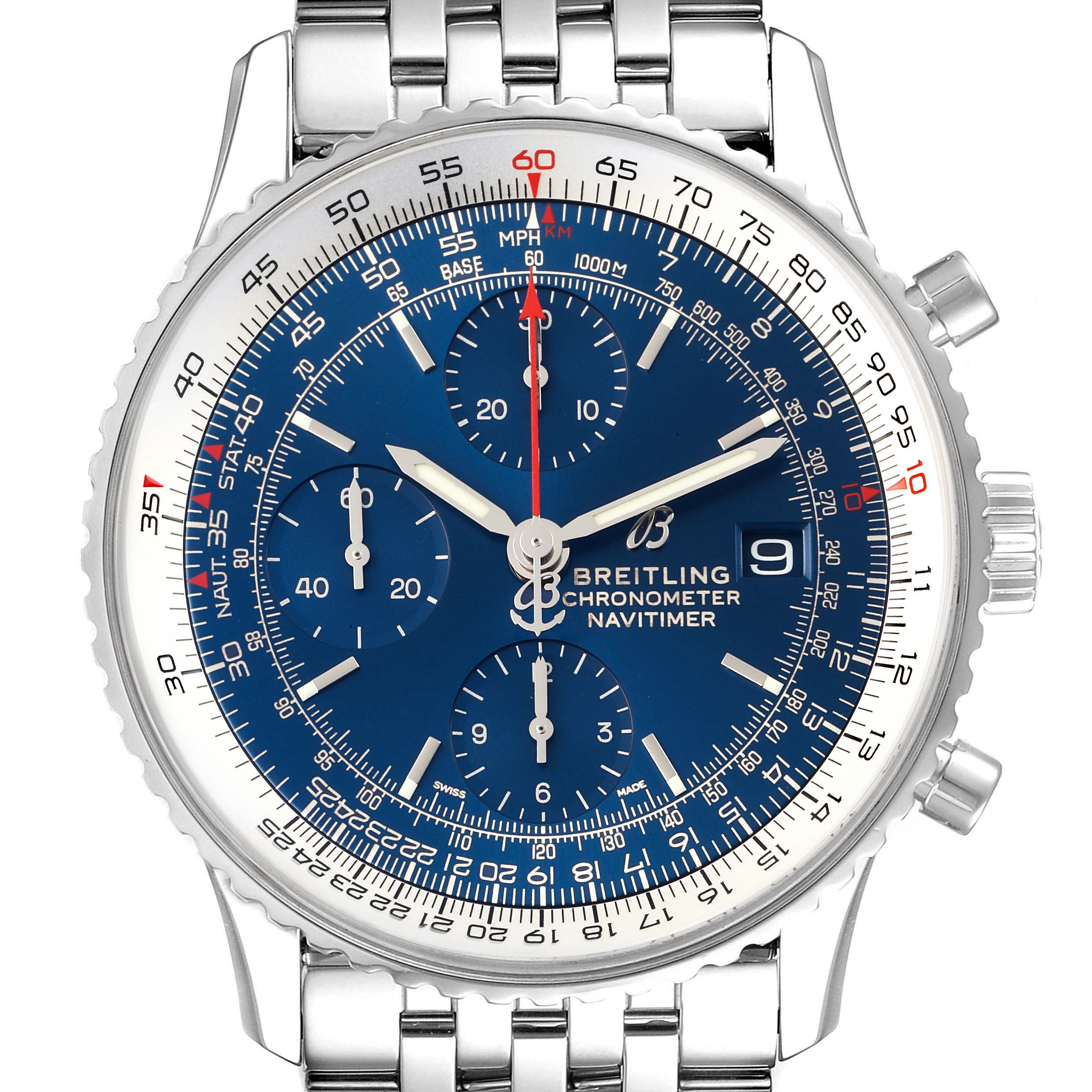 This image shows a front view of the Breitling Navitimer A13324 Men
s Stainless Steel Blue Dial A13324 Men
s Stainless Steel Blue Dial watch, displaying its face, bezel, buttons, and part of the metal strap.