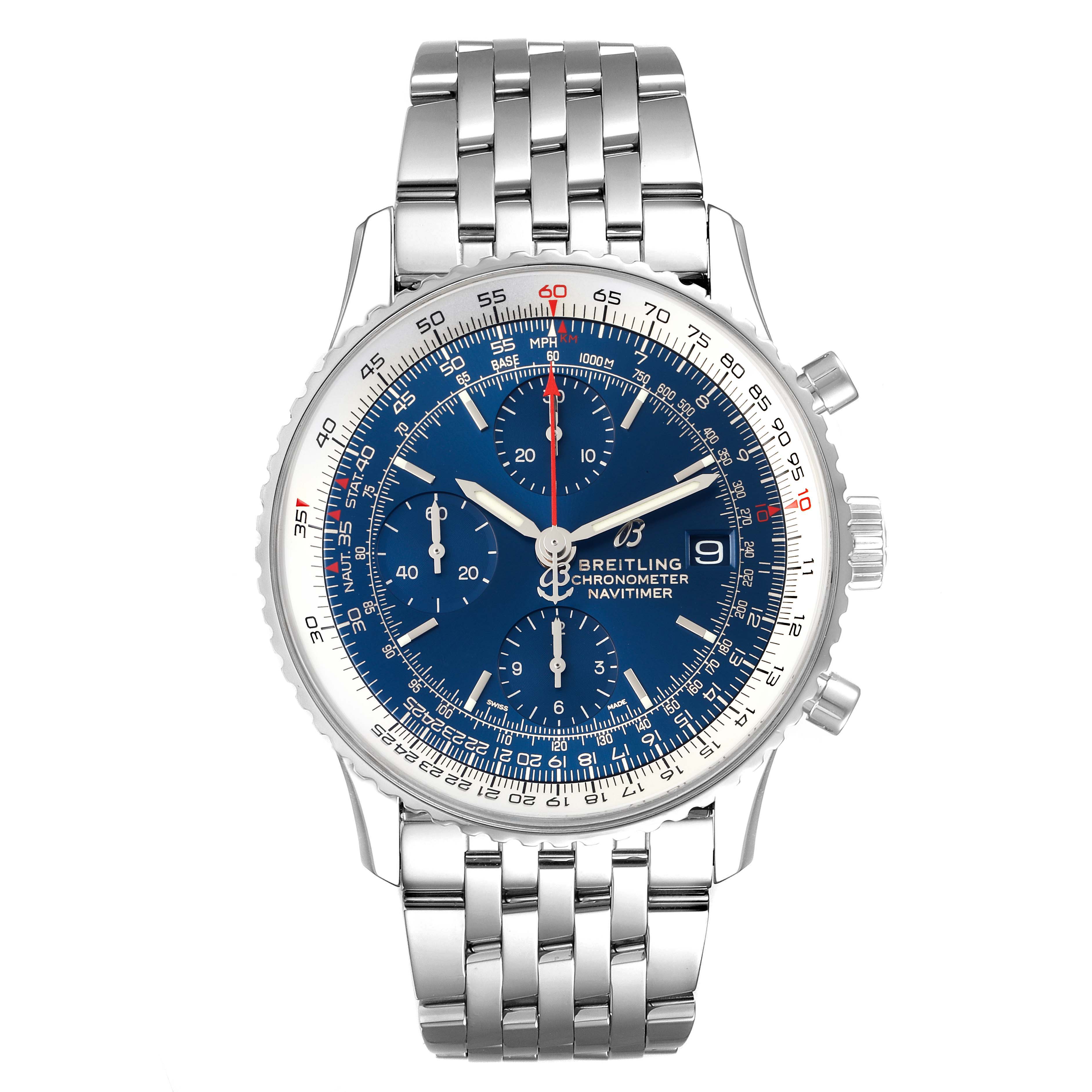 The image shows a front view of a Breitling Navitimer A13324 Men
s Stainless Steel Blue Dial A13324 Men
s Stainless Steel Blue Dial watch with a blue dial and silver bracelet.