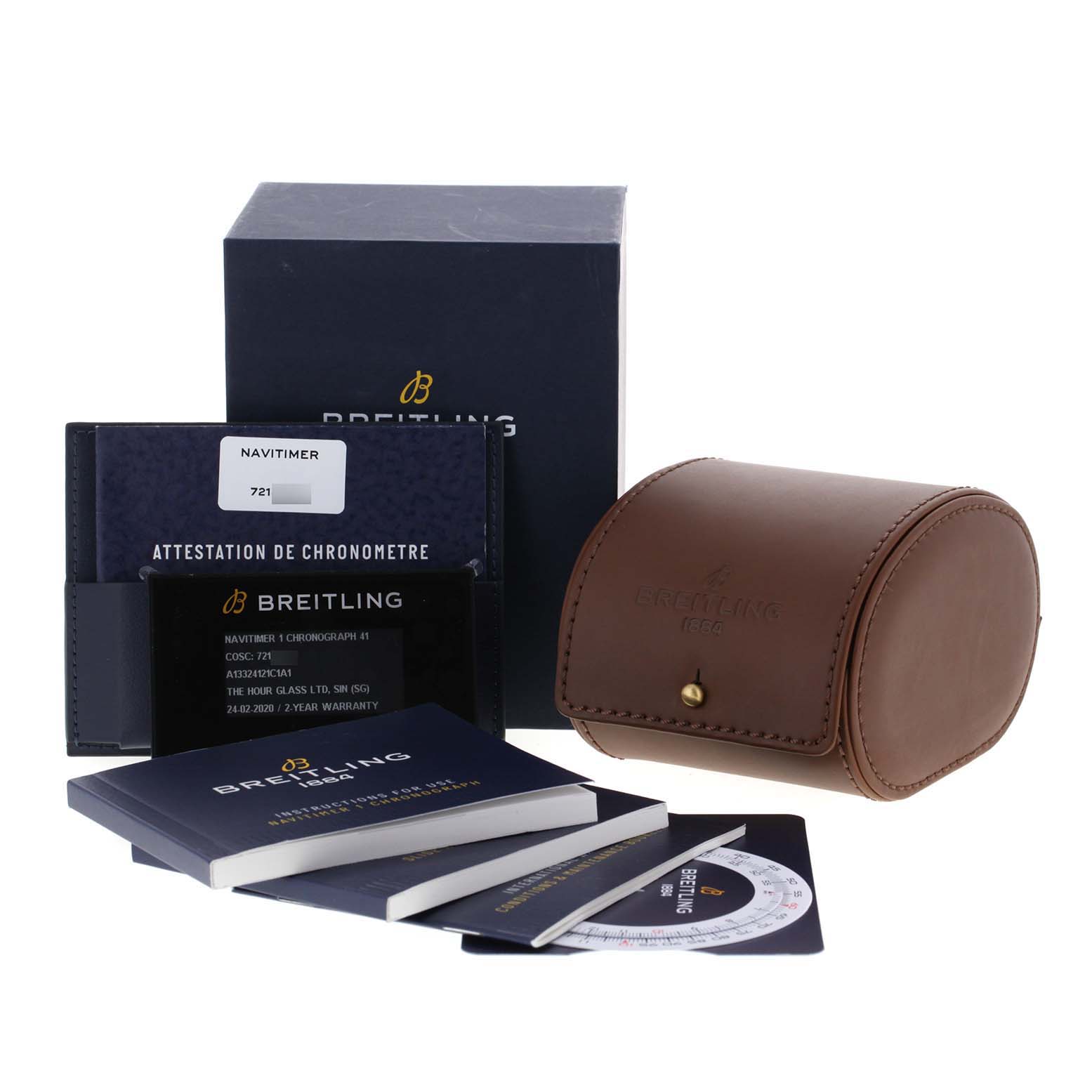 The image shows the packaging, warranty cards, manuals, and a leather case for the Breitling Navitimer A13324 Men
s Stainless Steel Blue Dial A13324 Men
s Stainless Steel Blue Dial watch.