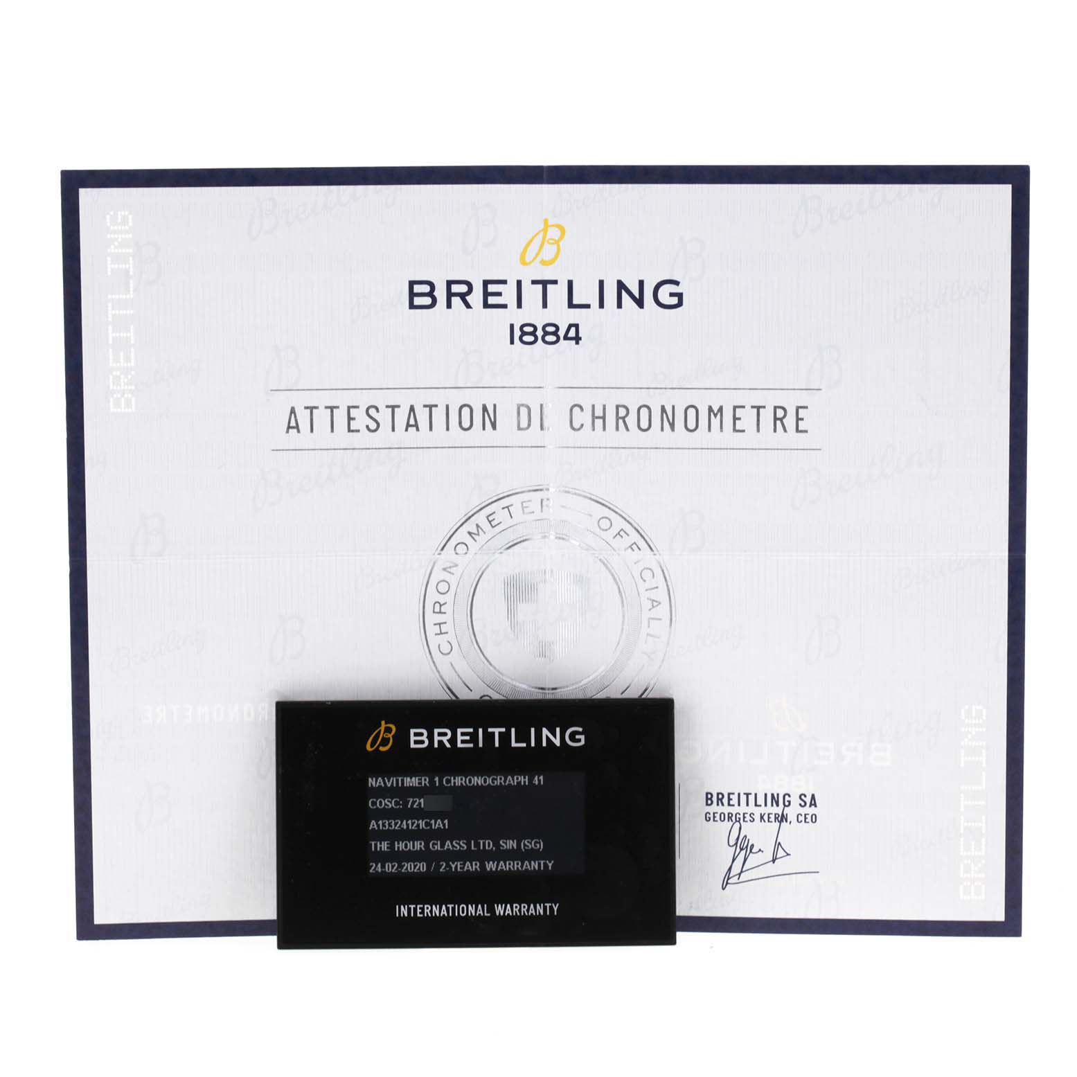 This image shows the certification and warranty card for the Navitimer model by Breitling.