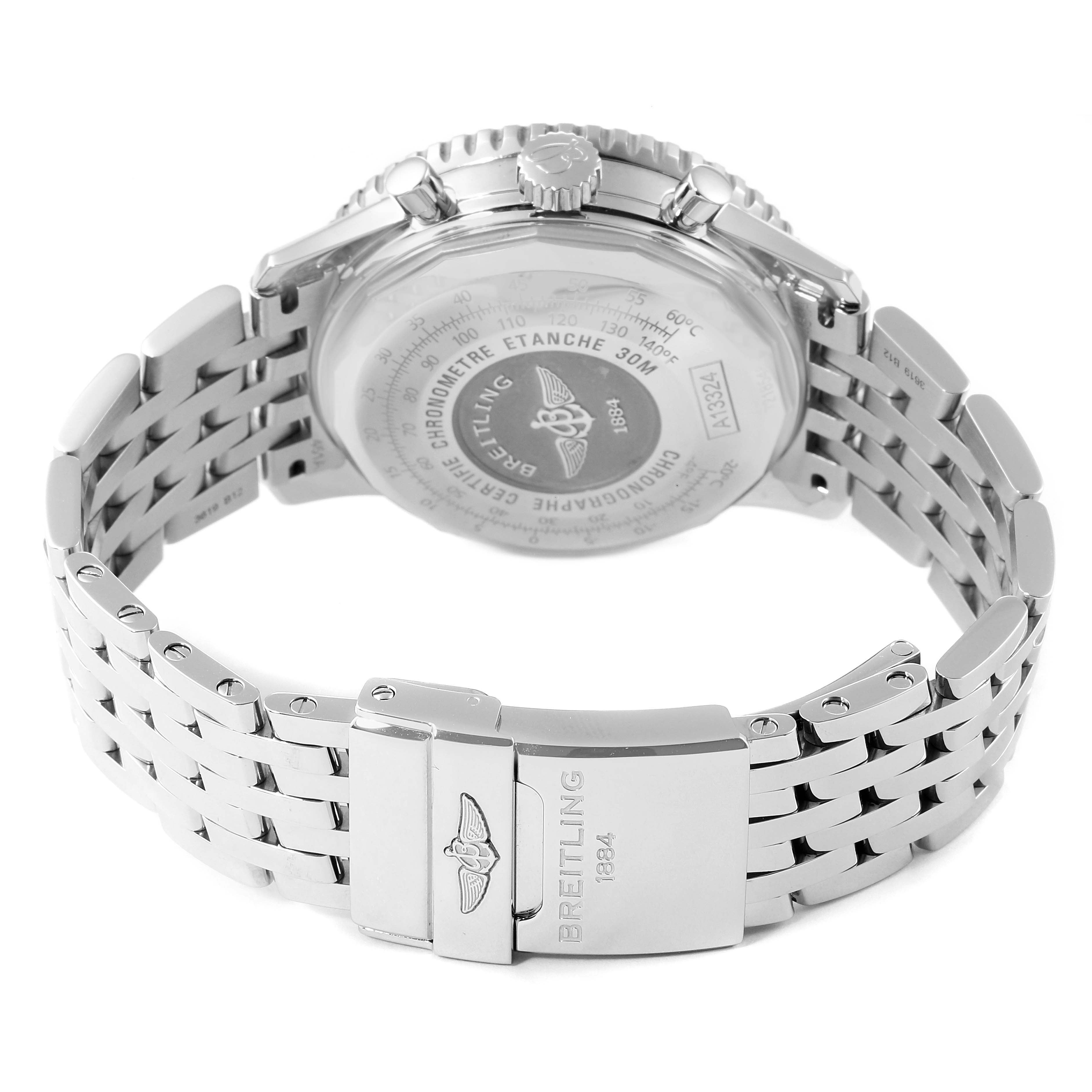 The image shows the back case and the clasp of the bracelet of a Breitling Navitimer A13324 Men
s Stainless Steel Blue Dial A13324 Men
s Stainless Steel Blue Dial watch, viewed from a rear angle.