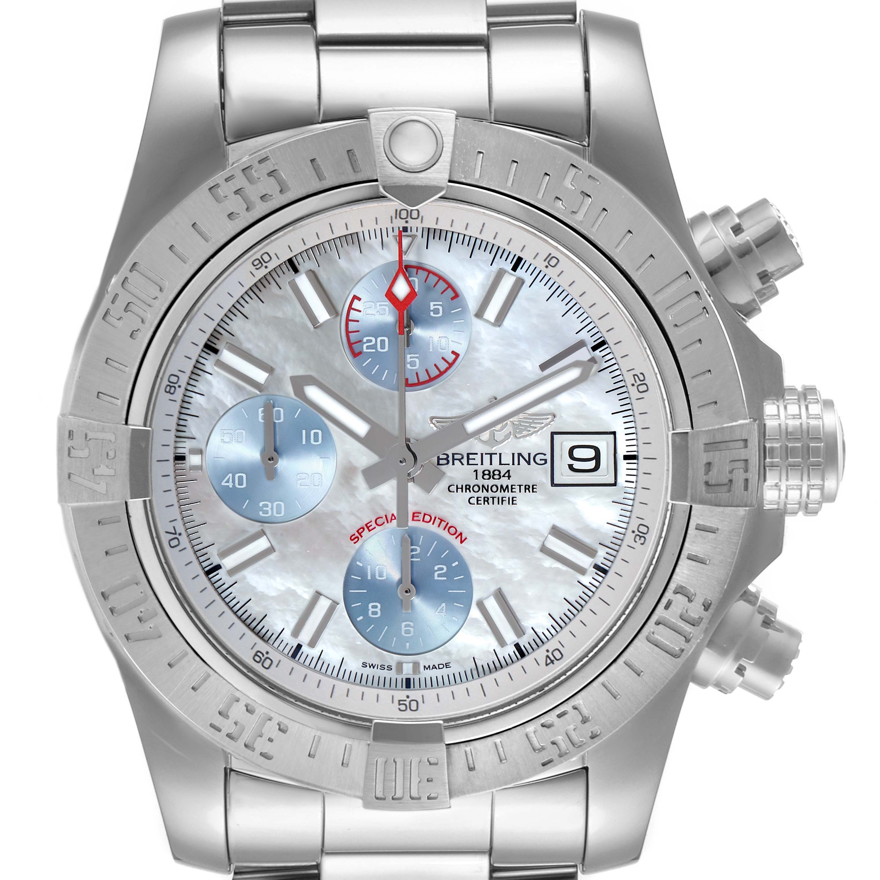 The image shows a front view of a Breitling Avenger A13381 Men's Stainless Steel Mother of Pearl Dial A13381 Men's Stainless Steel Mother of Pearl Dial watch, focusing on its face, chronograph, and bezel details.