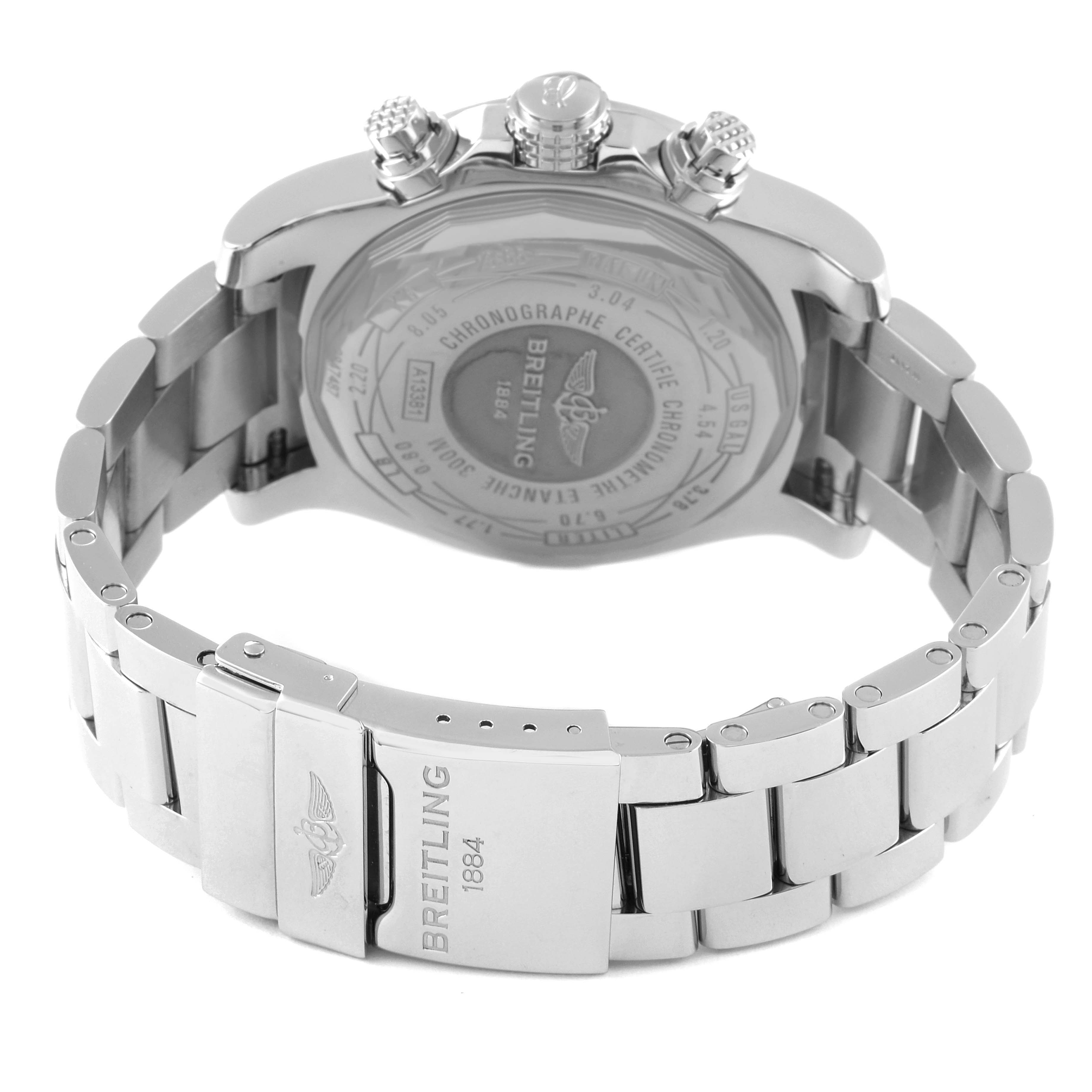 This image shows the back case and metal strap of the Breitling Avenger A13381 Men's Stainless Steel Mother of Pearl Dial A13381 Men's Stainless Steel Mother of Pearl Dial watch.