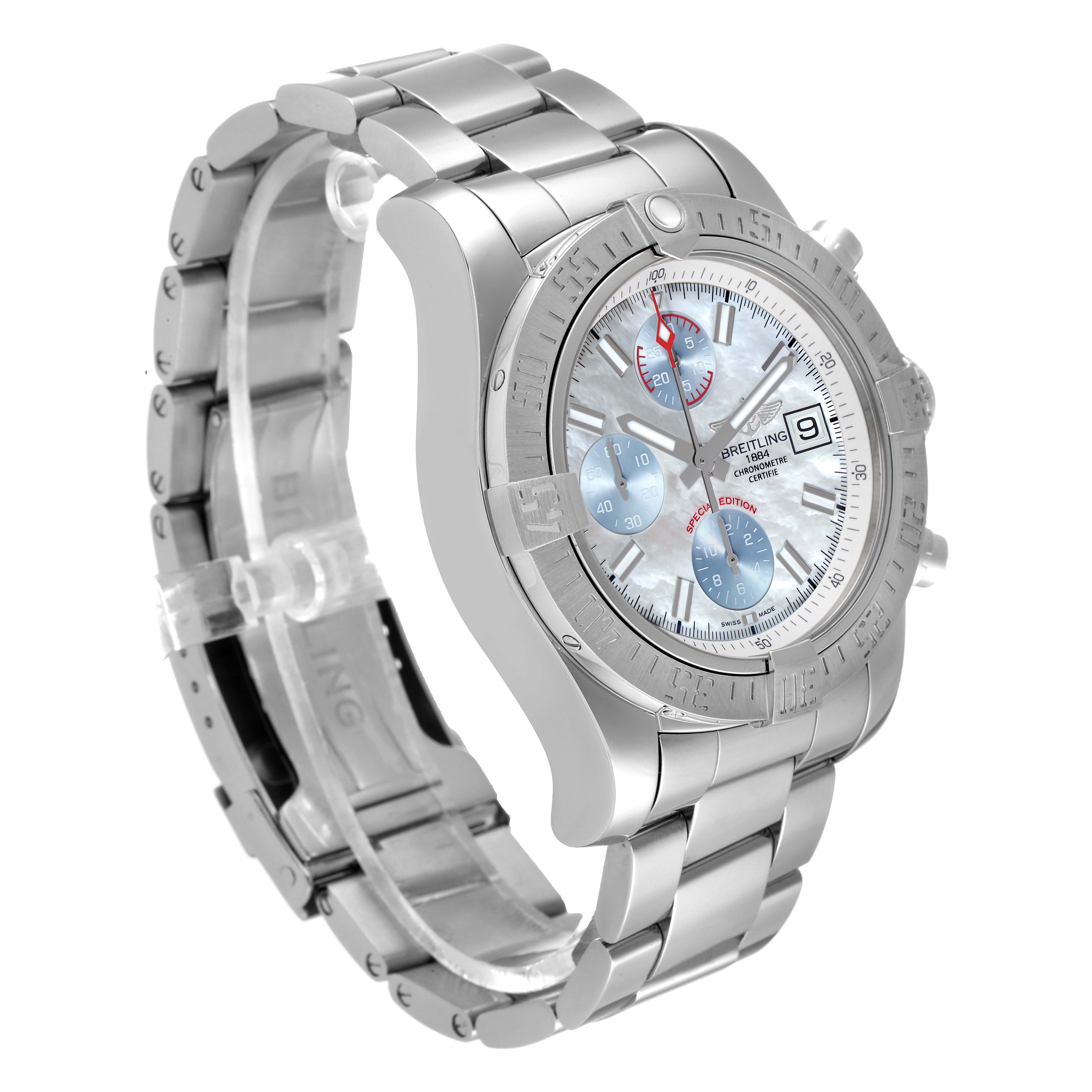 The image shows a Breitling Avenger A13381 Men's Stainless Steel Mother of Pearl Dial A13381 Men's Stainless Steel Mother of Pearl Dial watch from an angled view, highlighting its stainless steel bracelet, bezel, and dial.