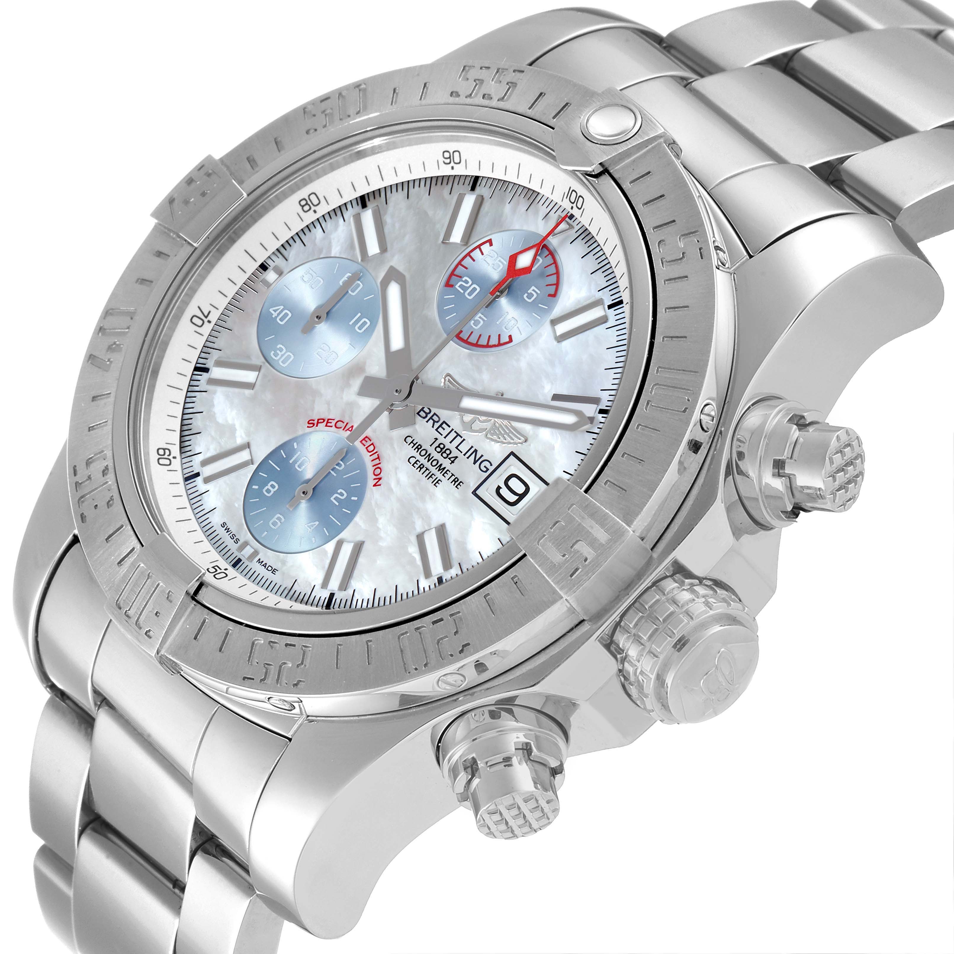 The image shows a Breitling Avenger A13381 Men's Stainless Steel Mother of Pearl Dial A13381 Men's Stainless Steel Mother of Pearl Dial watch at an angled view, highlighting the face, bezel, subdials, crown, and stainless steel bracelet.