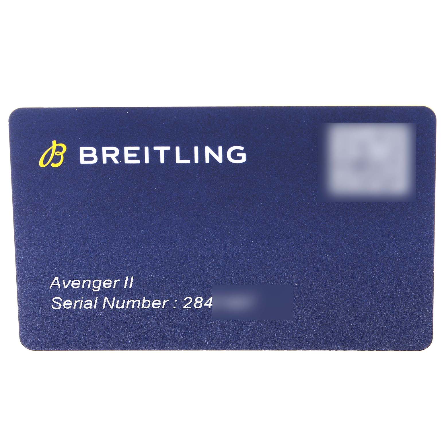 This image shows a warranty card for the Breitling Avenger A13381 Men's Stainless Steel Mother of Pearl Dial A13381 Men's Stainless Steel Mother of Pearl Dial II, displaying its brand and serial number.