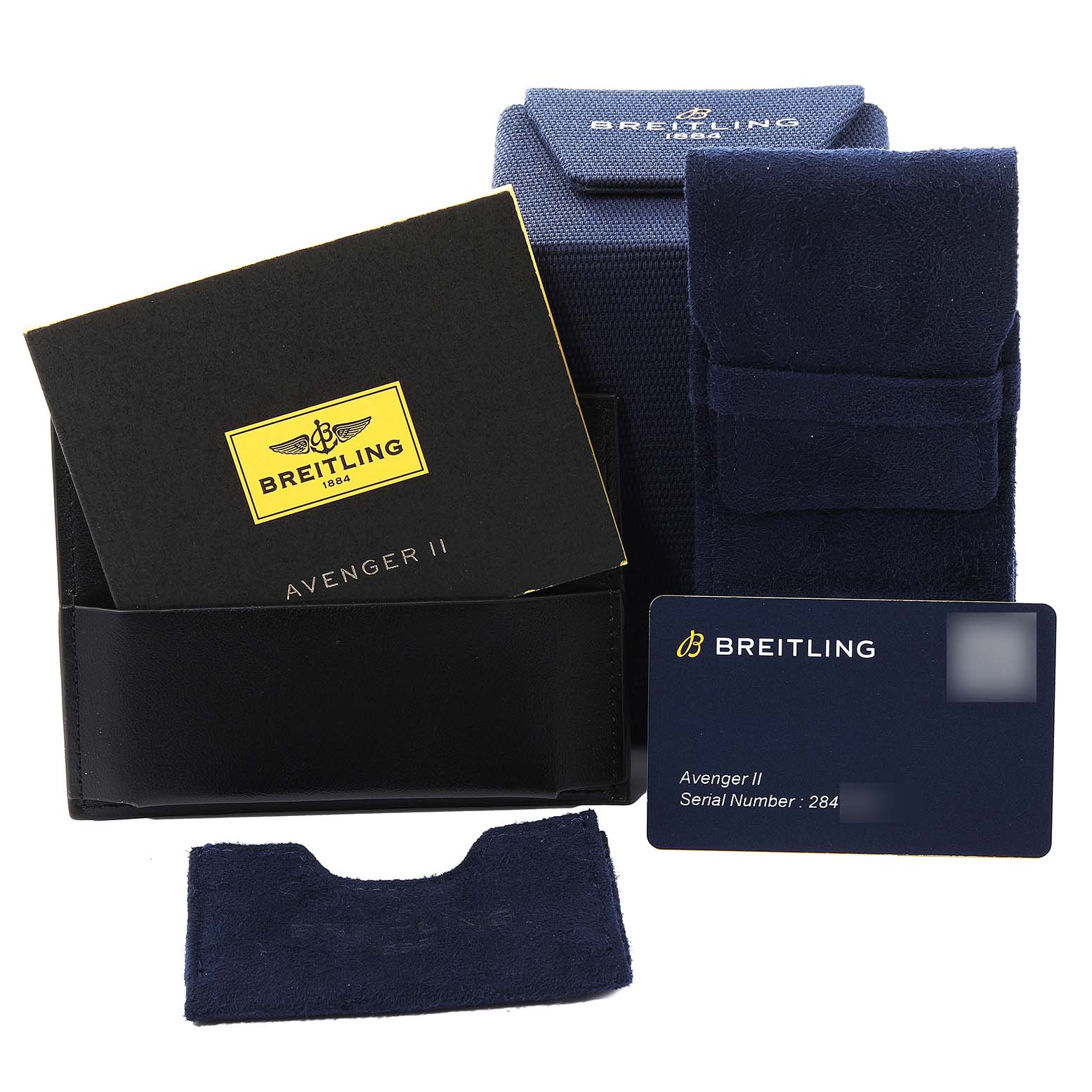The image shows packaging and accessories for a Breitling Avenger A13381 Men's Stainless Steel Mother of Pearl Dial A13381 Men's Stainless Steel Mother of Pearl Dial II watch, including a box, case, booklet, and warranty card.