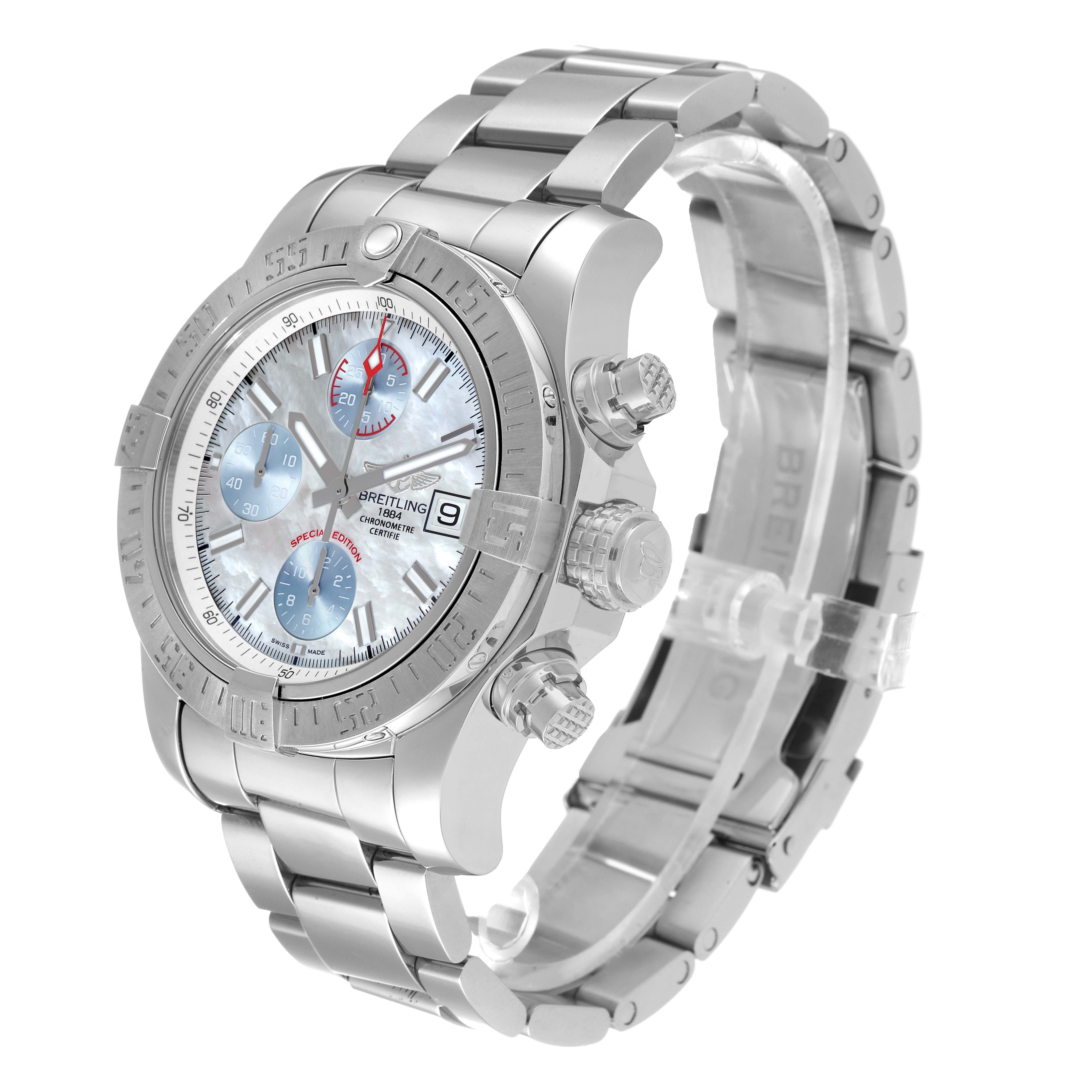 This image shows a Breitling Avenger A13381 Men's Stainless Steel Mother of Pearl Dial A13381 Men's Stainless Steel Mother of Pearl Dial watch from an angled side view, highlighting its dial, chronograph buttons, and stainless steel bracelet.