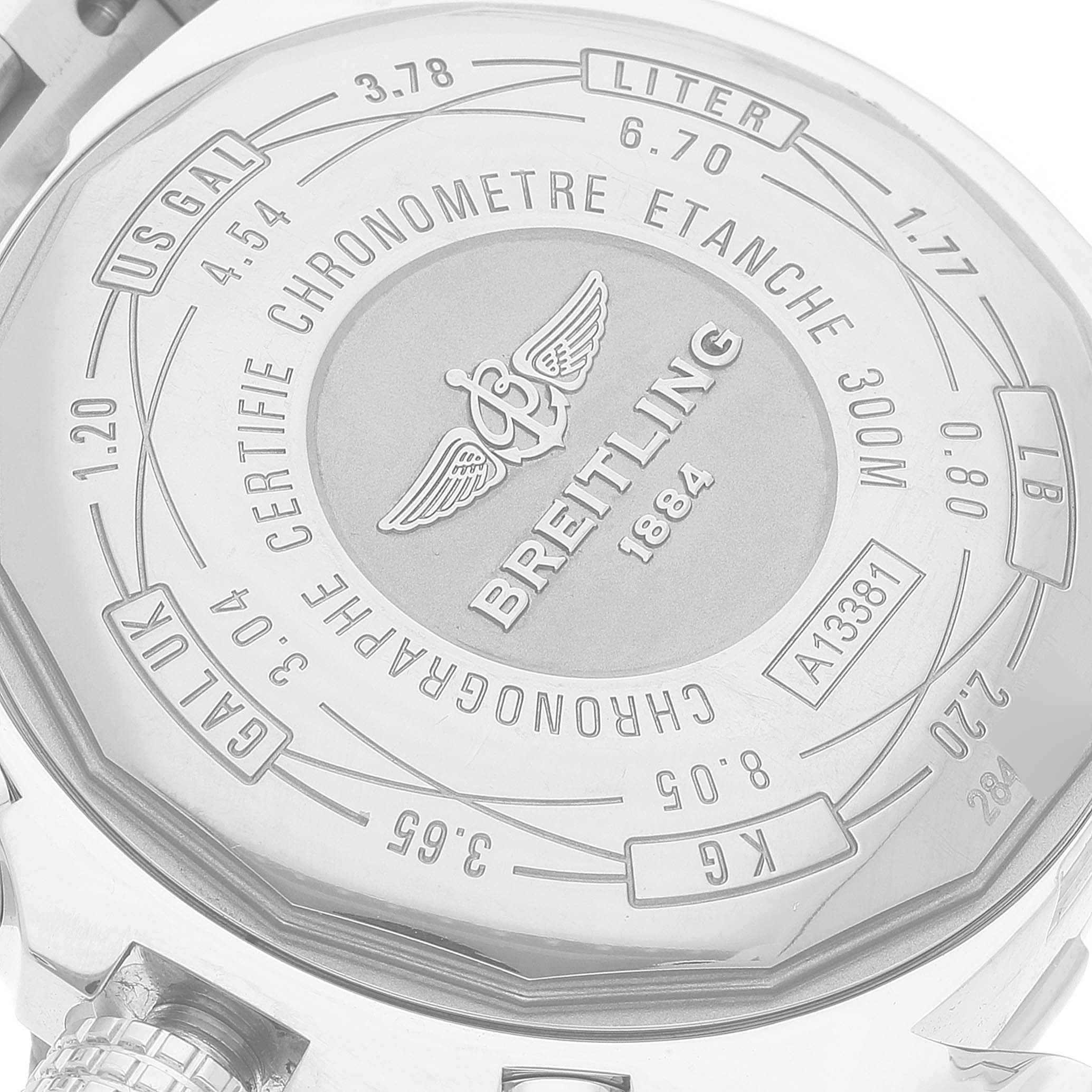 This image shows the back of a Breitling Avenger A13381 Men's Stainless Steel Mother of Pearl Dial A13381 Men's Stainless Steel Mother of Pearl Dial watch with engravings and specifications.