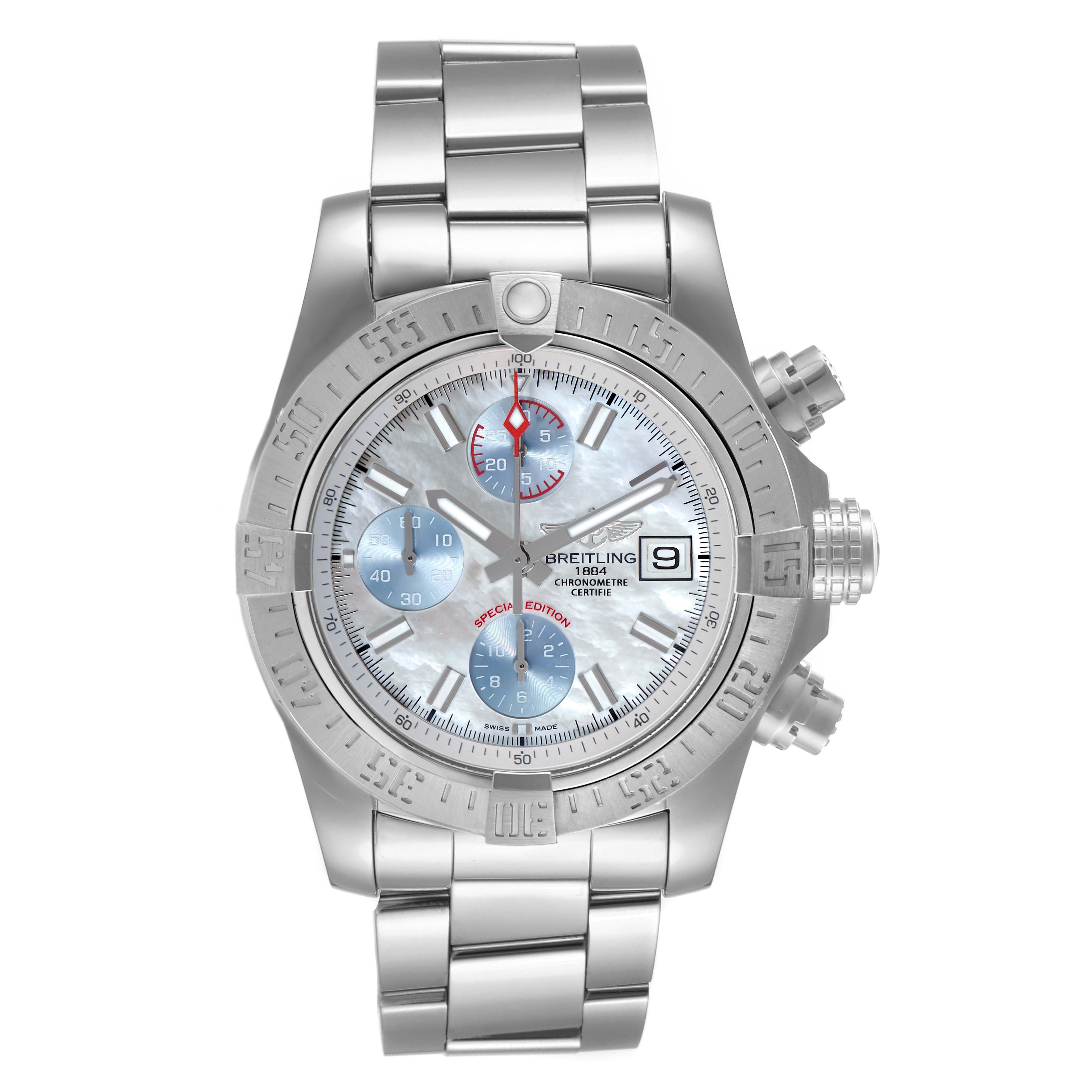 This image shows a front view of the Breitling Avenger A13381 Men's Stainless Steel Mother of Pearl Dial A13381 Men's Stainless Steel Mother of Pearl Dial watch, highlighting its metallic band, bezel, and dial with three subdials.