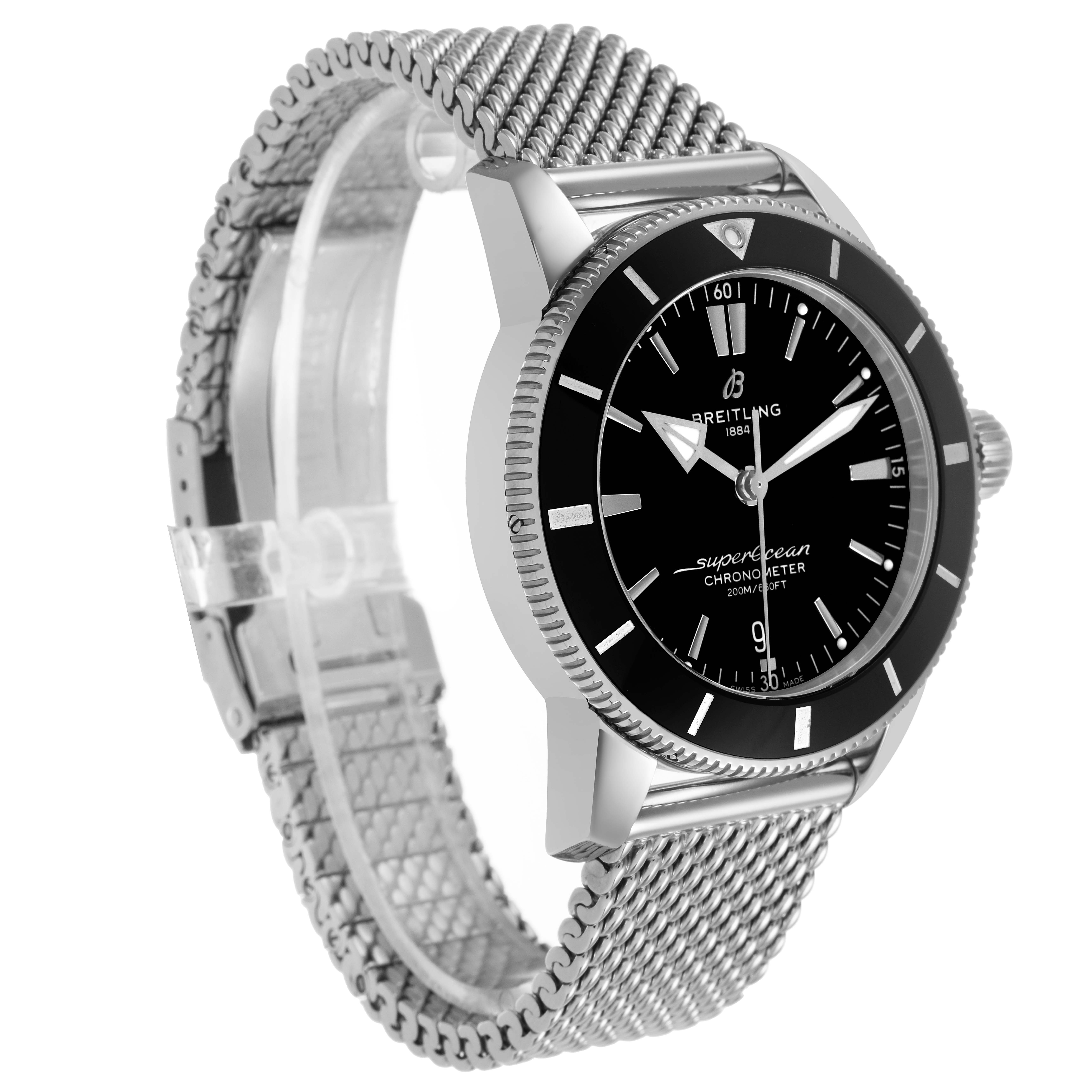 The Breitling Superocean AB2030 Men's Stainless Steel Black Dial watch is shown at a front-side angle, highlighting the bezel, dial, hands, and mesh bracelet.