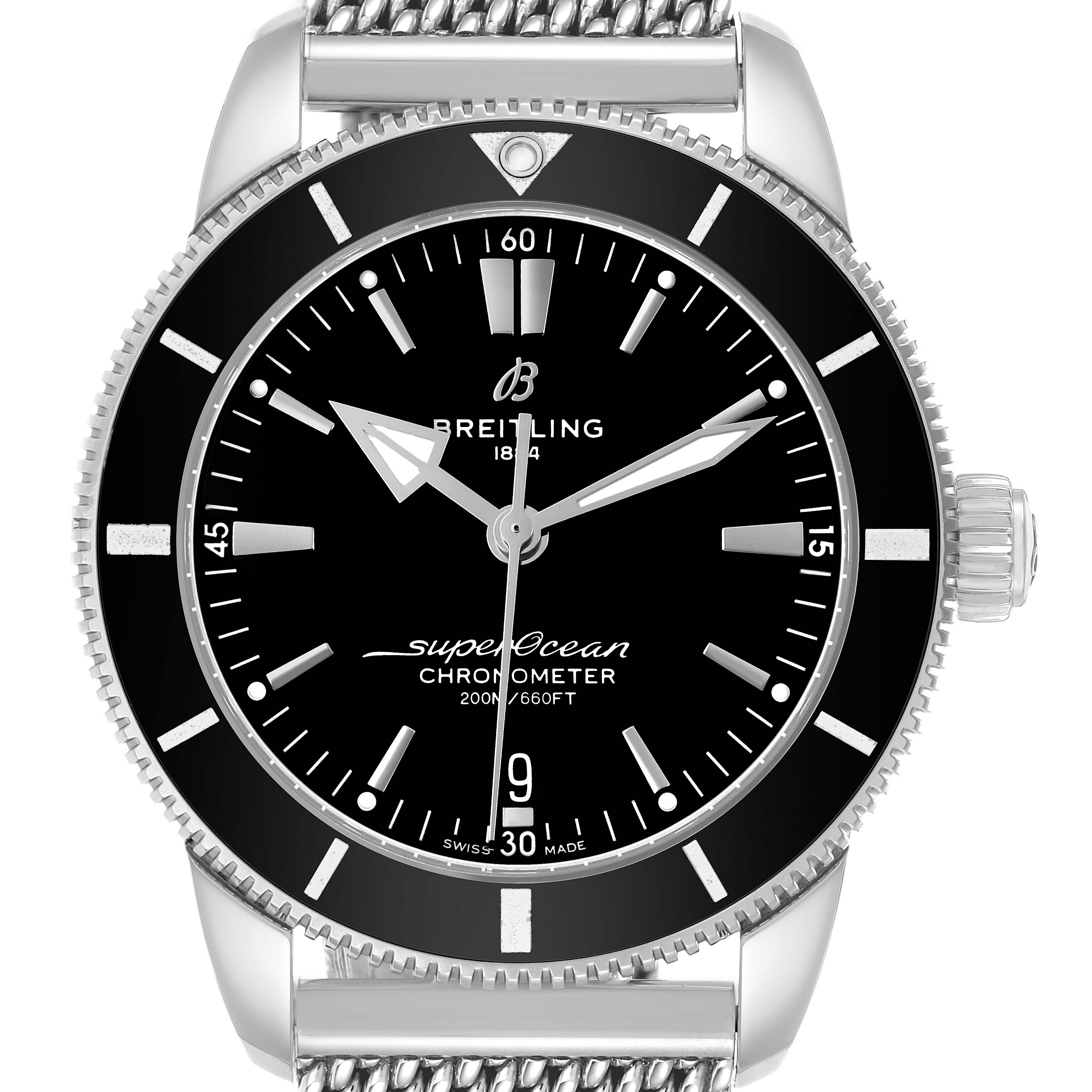 The Breitling Superocean AB2030 Men's Stainless Steel Black Dial watch is shown from the front, displaying the bezel, dial, hands, crown, and the mesh bracelet.