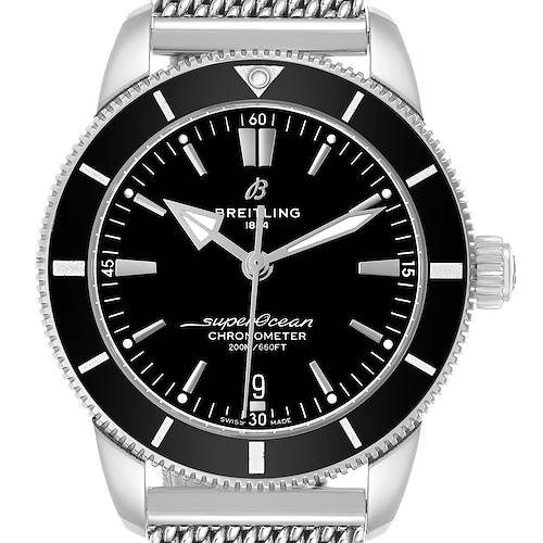 The Breitling Superocean AB2030 Men's Stainless Steel Black Dial watch is shown from the front, highlighting its dial, bezel, and crown.