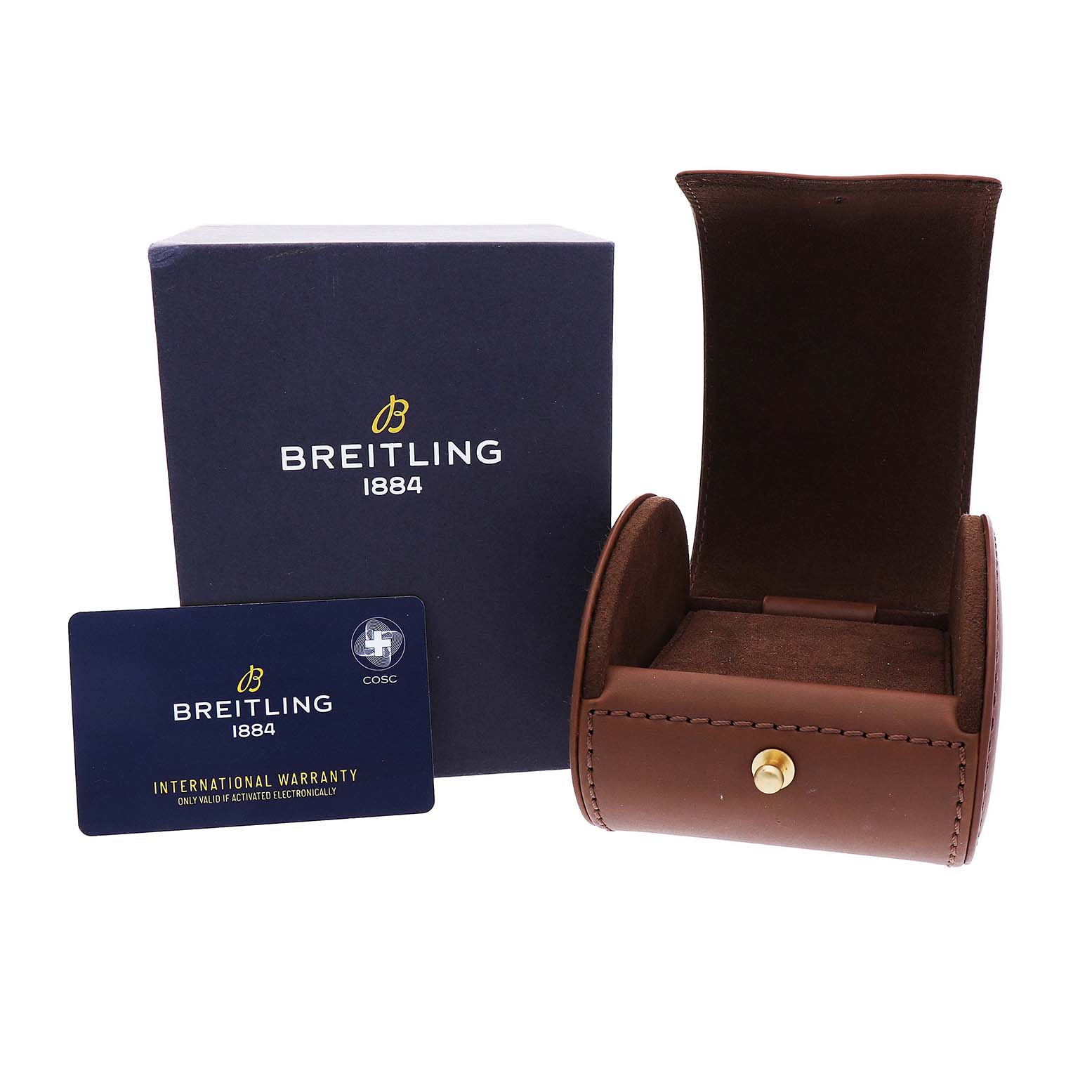 The image shows a blue Breitling Superocean AB2030 Men's Stainless Steel Black Dial box, an international warranty card, and a brown leather watch case.