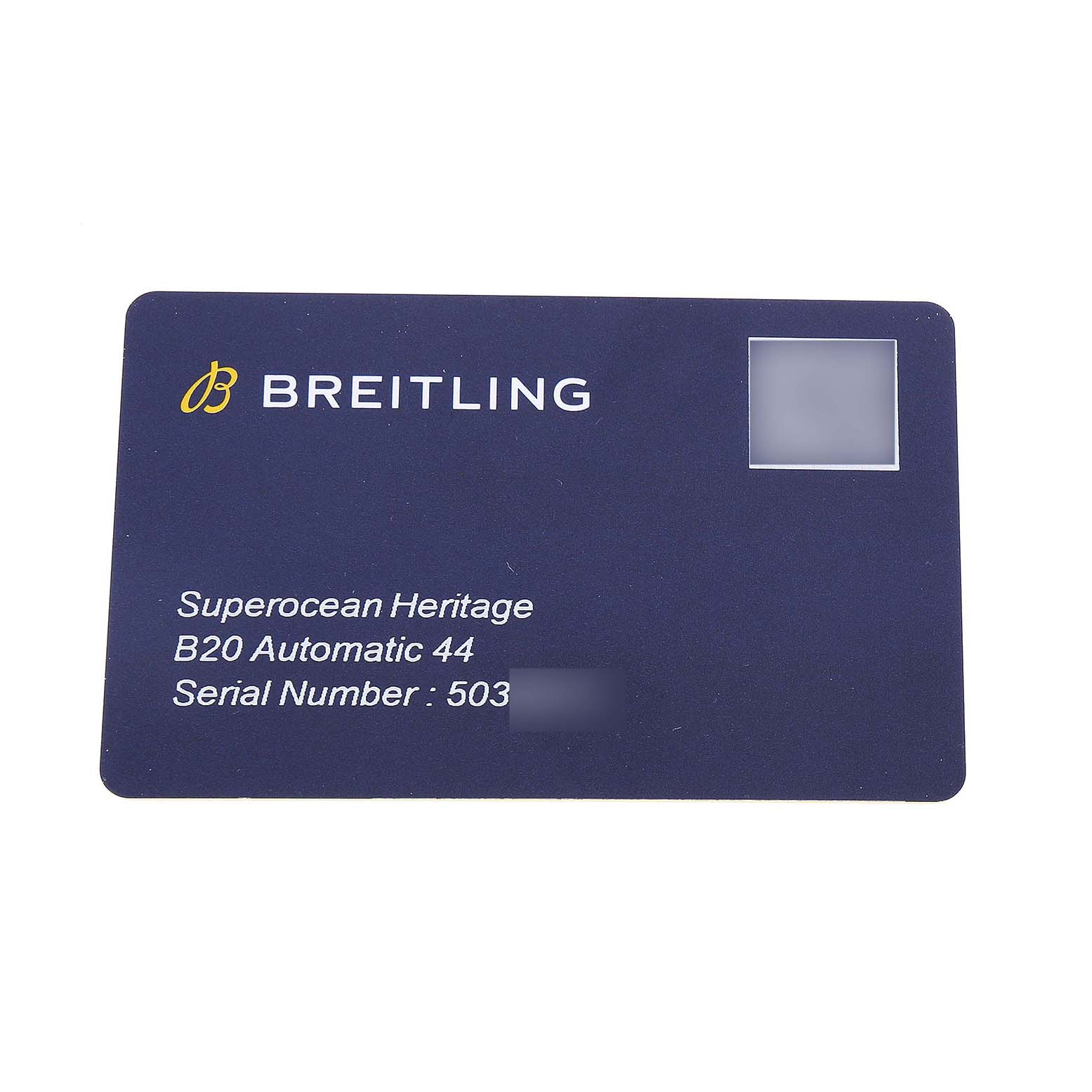 The image shows a warranty card for the Breitling Superocean AB2030 Men's Stainless Steel Black Dial Heritage B20 Automatic 44.
