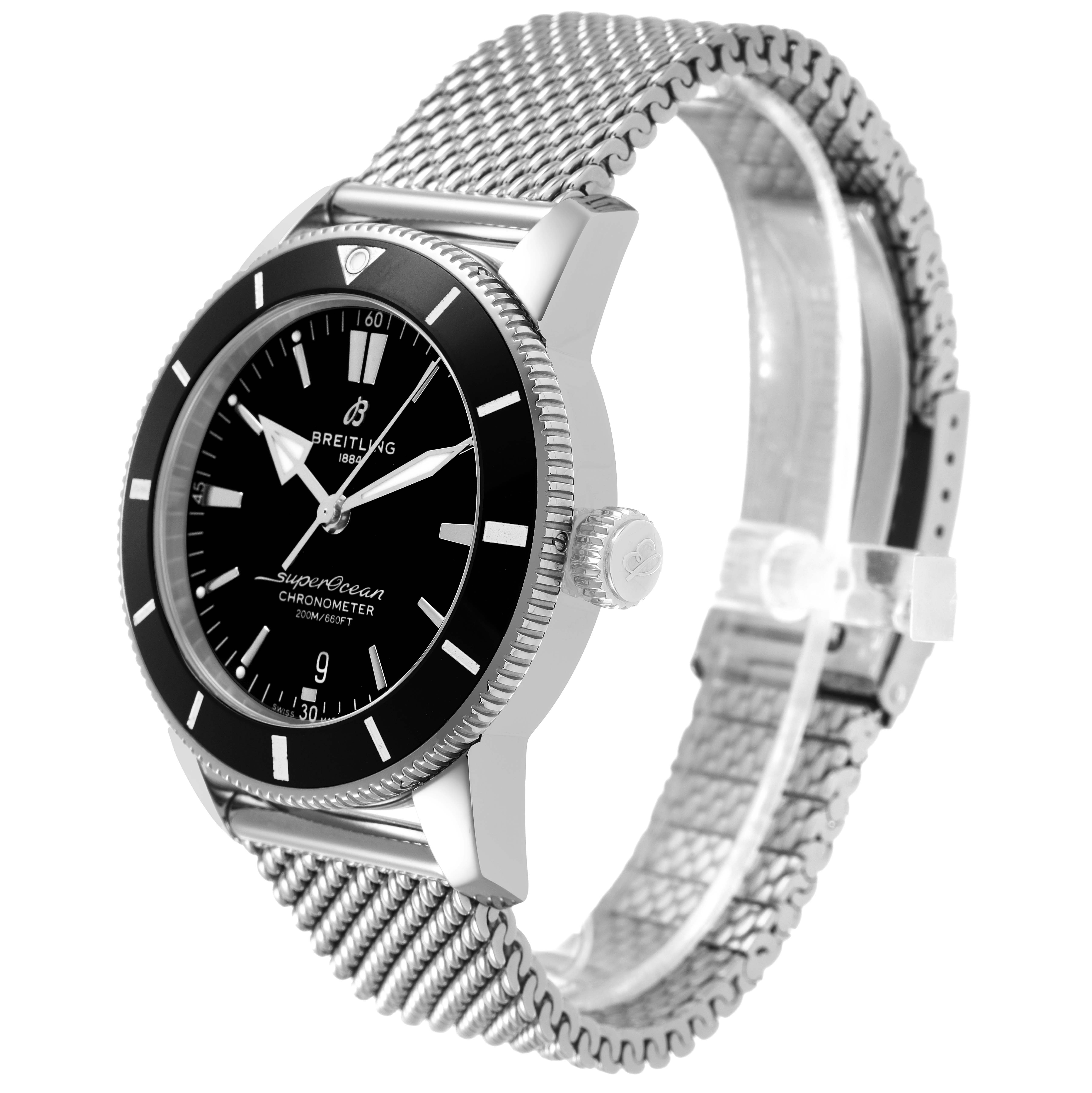 The Breitling Superocean AB2030 Men's Stainless Steel Black Dial watch is shown from a side angle, highlighting the case, crown, bezel, and mesh strap.