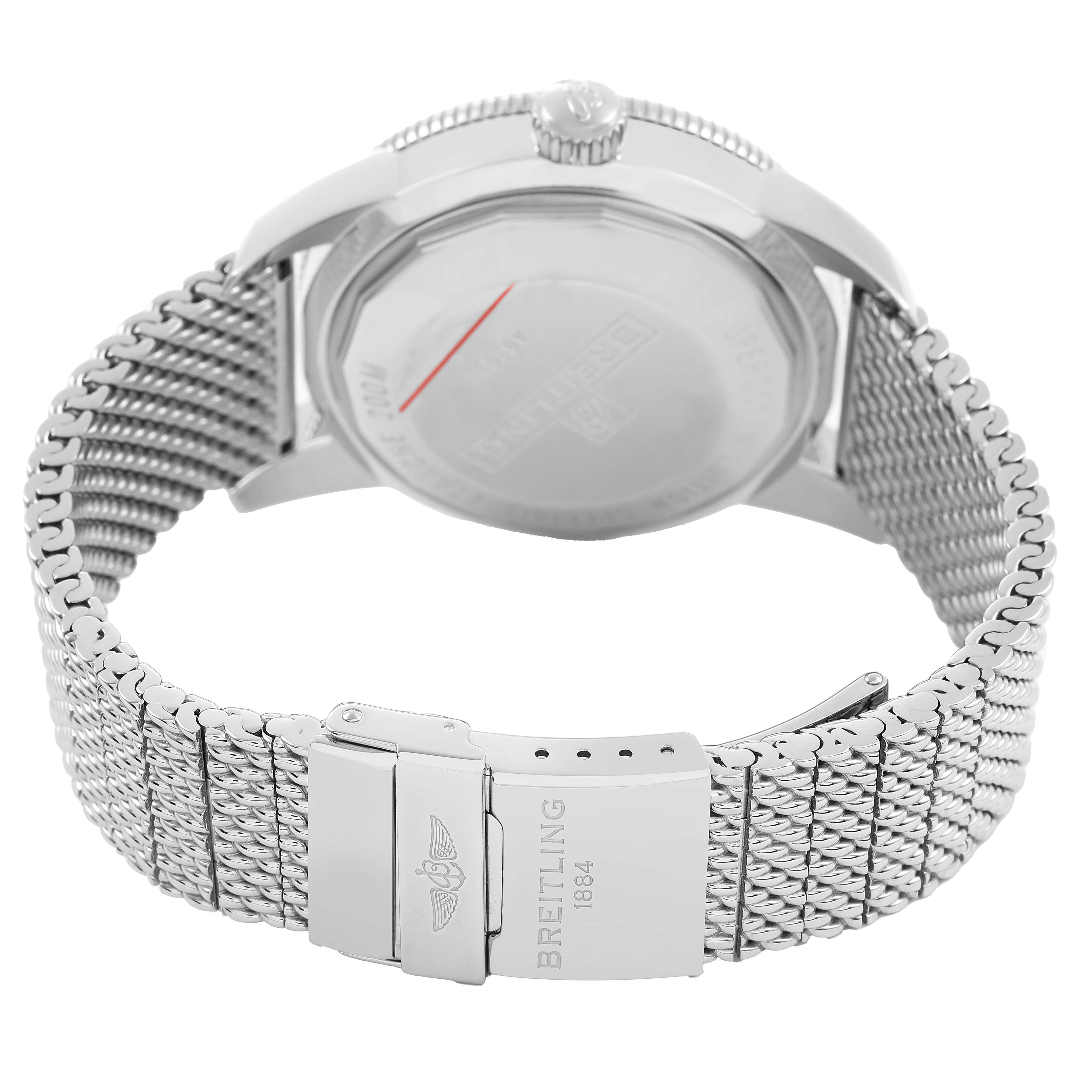 The image shows the rear view of the Breitling Superocean AB2030 Men's Stainless Steel Black Dial, highlighting the case back and mesh bracelet with a clasp.