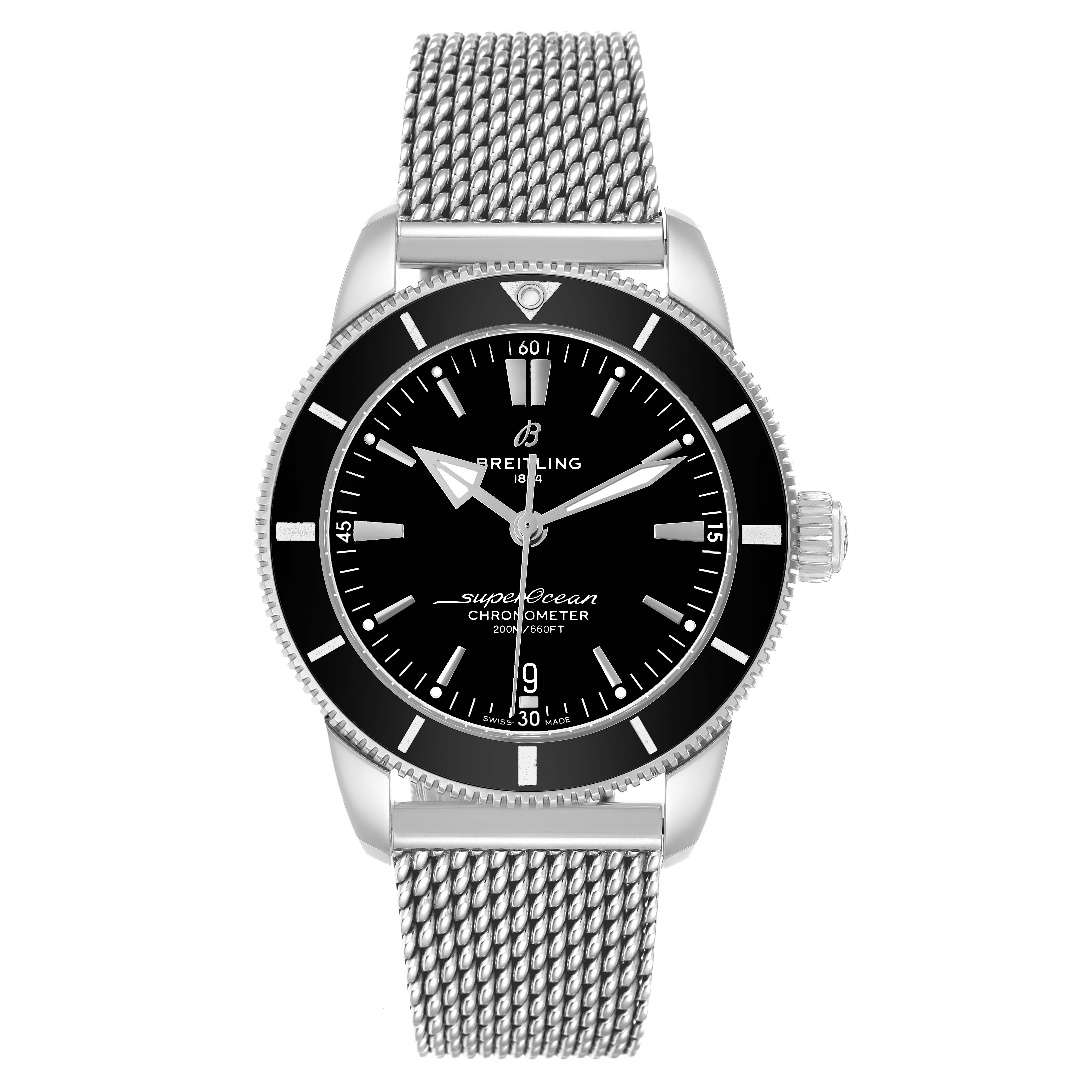 The Breitling Superocean AB2030 Men's Stainless Steel Black Dial watch is shown front-facing, displaying the black dial, bezel, and mesh bracelet.