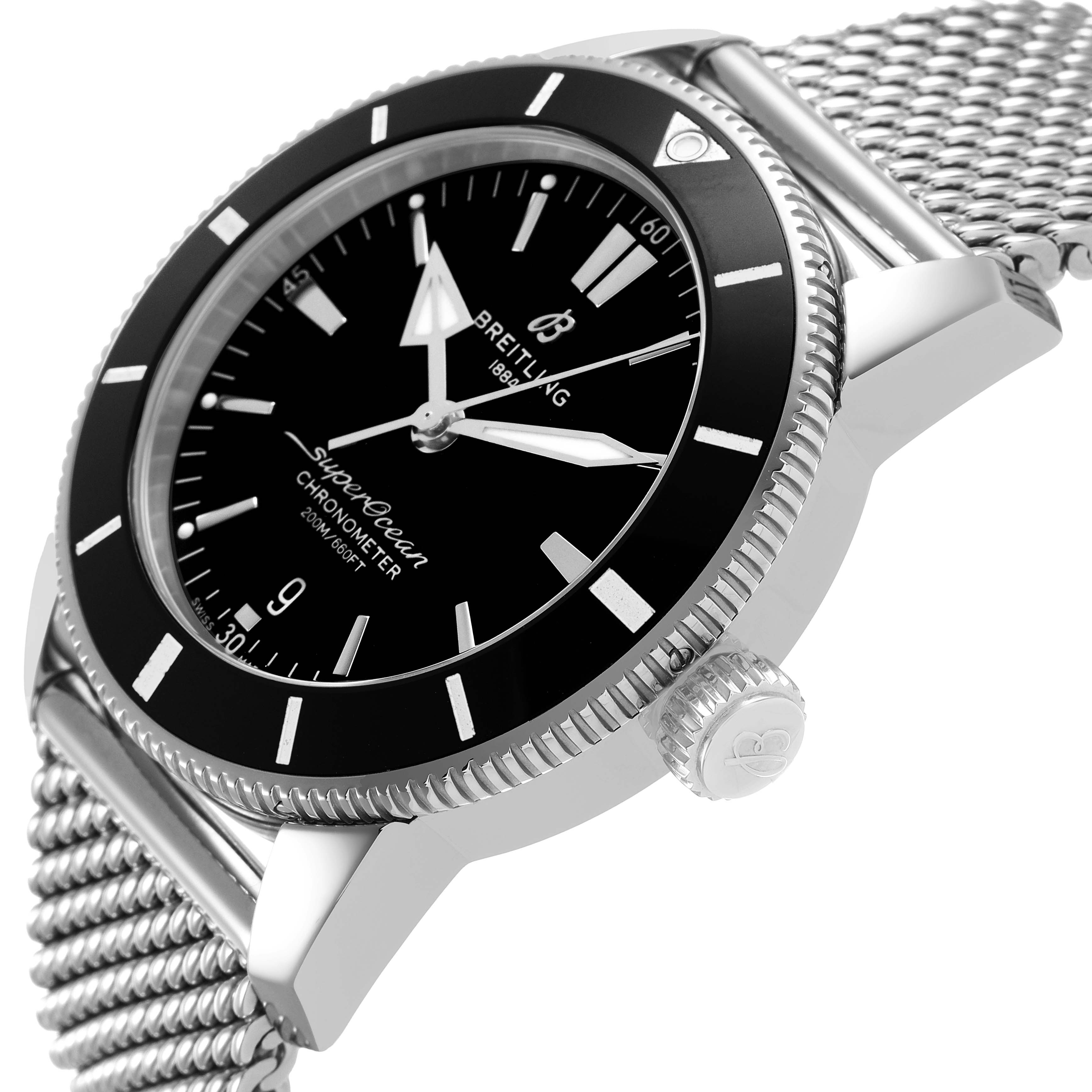 The Breitling Superocean AB2030 Men's Stainless Steel Black Dial watch is shown at an angle highlighting the bezel, dial, and crown.