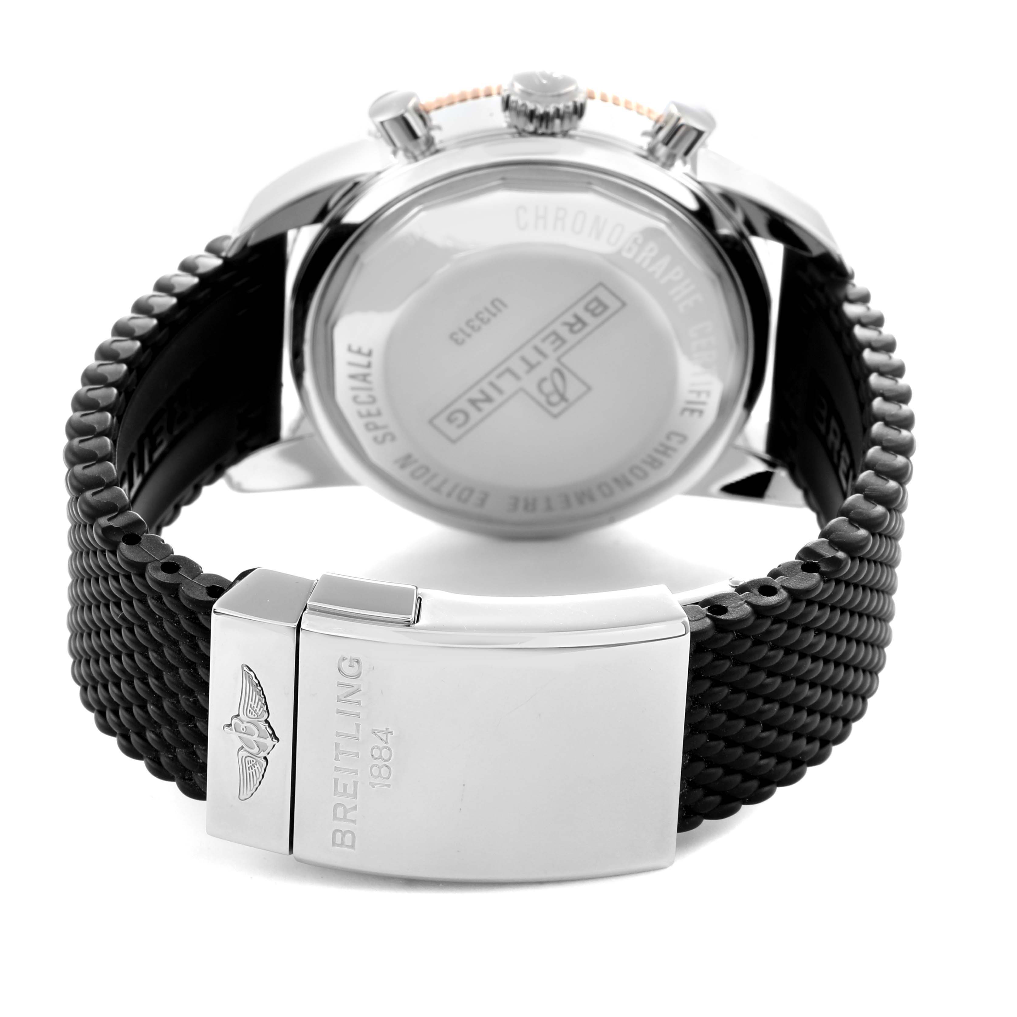 The image shows the back of the Breitling Superocean U1331312/BG50/279S/A20D.4 Men
s Steel and Gold (two tone) Black Dial U1331312/BG50/279S/A20D.4 Men
s Steel and Gold (two tone) Black Dial watch with its case back, crown, and clasp visible.