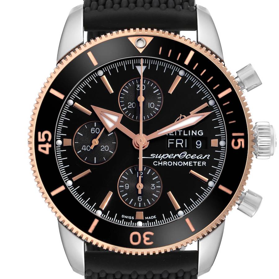 The Breitling Superocean watch is shown from the front, highlighting its bezel, dial, chronograph subdials, and crown.