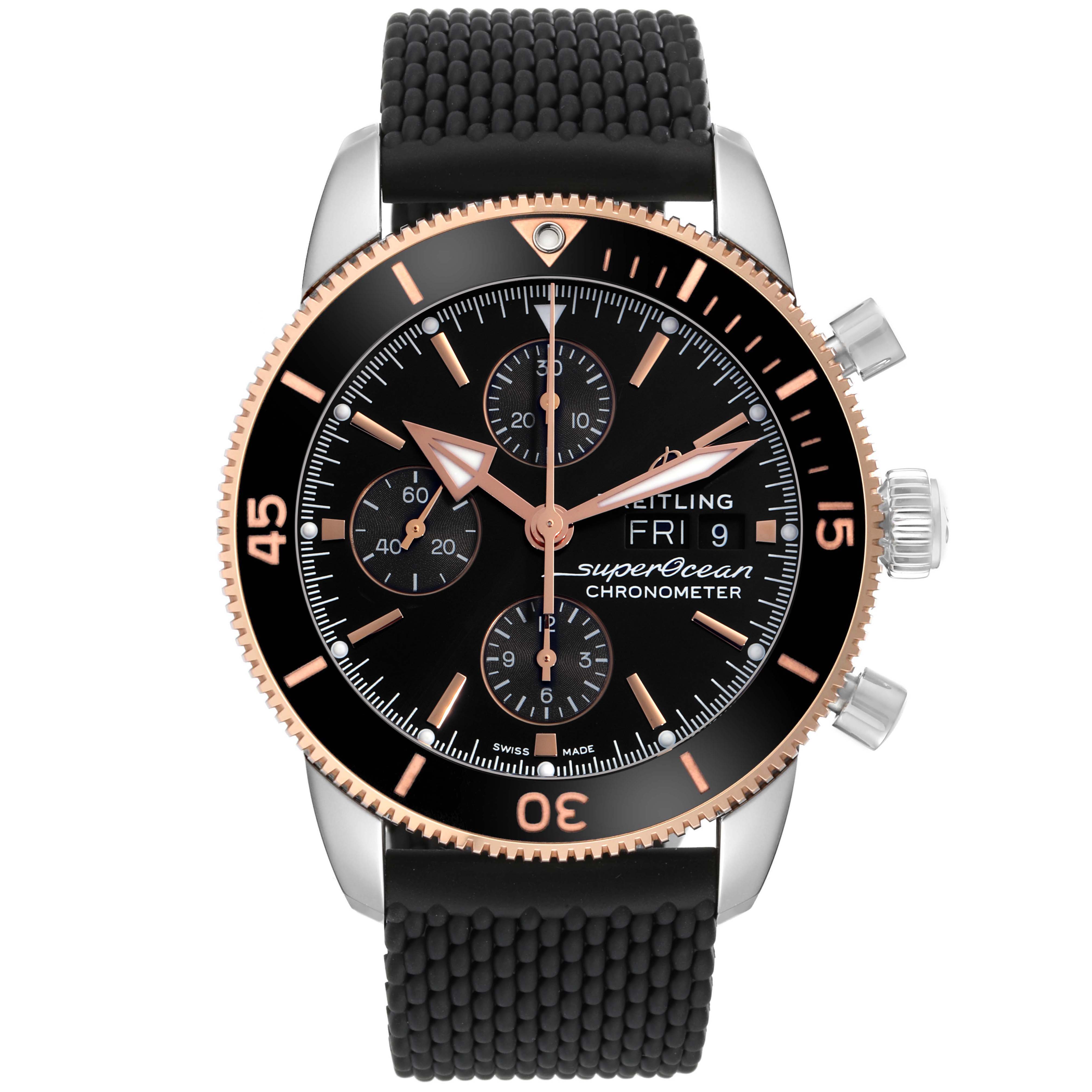 The Breitling Superocean U1331312/BG50/279S/A20D.4 Men
s Steel and Gold (two tone) Black Dial U1331312/BG50/279S/A20D.4 Men
s Steel and Gold (two tone) Black Dial watch is shown from the front, displaying the bezel, dial, subdials, hands, and strap.