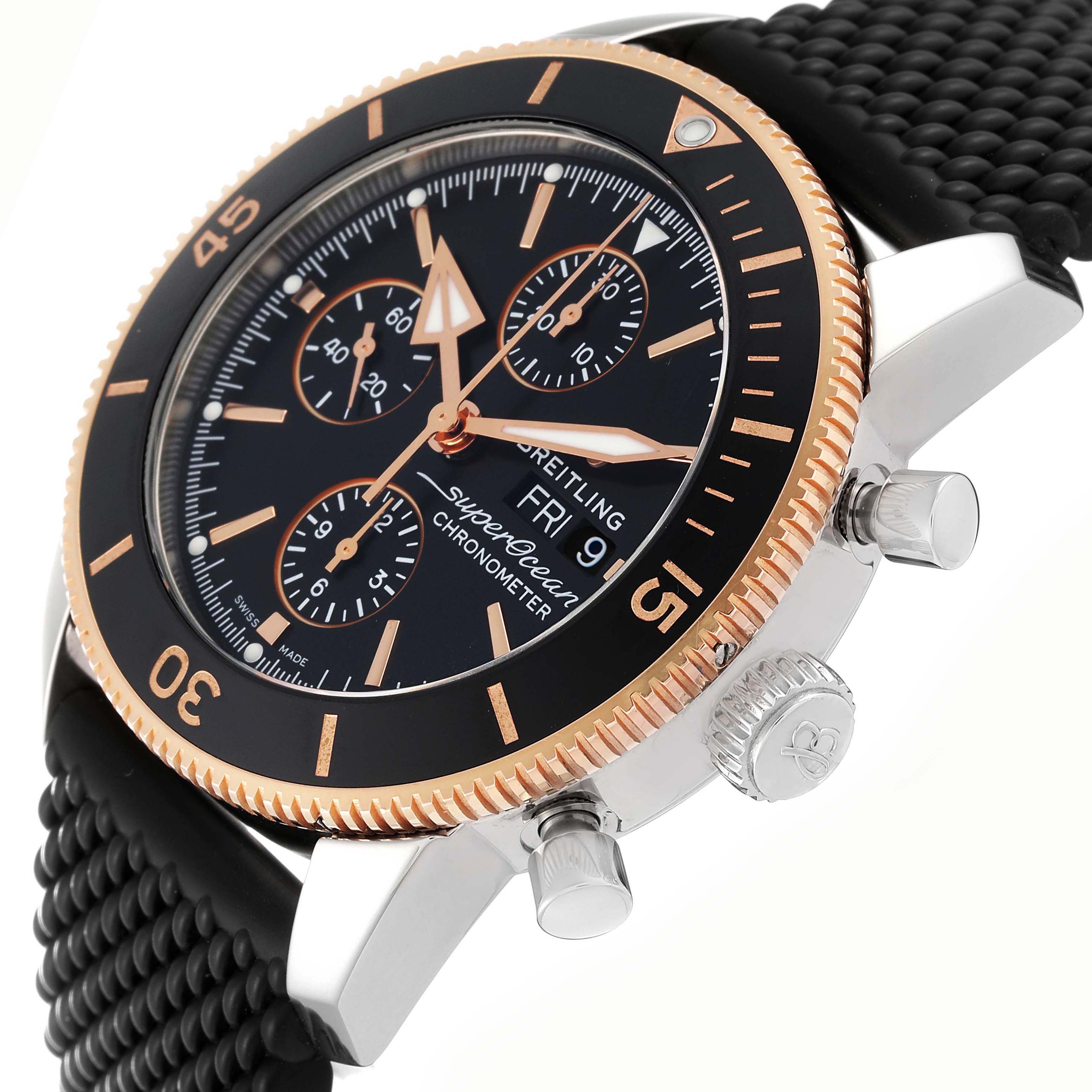 The Breitling Superocean U1331312/BG50/279S/A20D.4 Men
s Steel and Gold (two tone) Black Dial U1331312/BG50/279S/A20D.4 Men
s Steel and Gold (two tone) Black Dial watch is shown at an angle highlighting its dial, bezel, chronograph pushers, and textured strap.