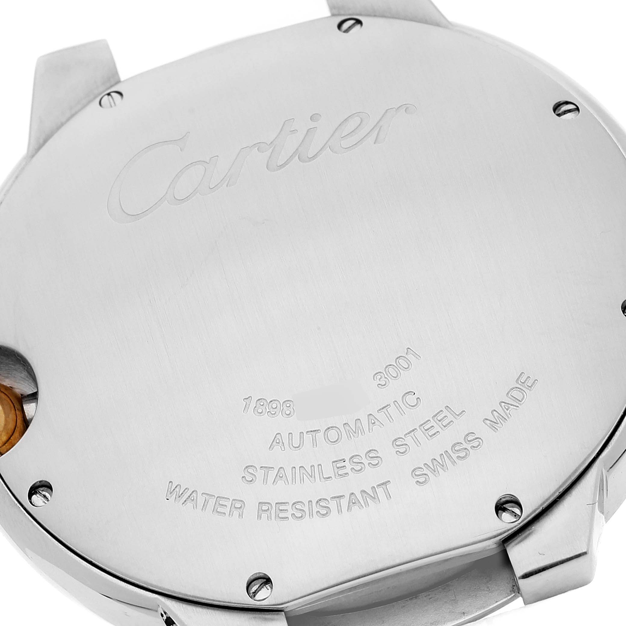 The image shows the back case of a Cartier Ballon Bleu W69009Z3 Men's Steel and Gold (two tone) Silver Dial W69009Z3 Men's Steel and Gold (two tone) Silver Dial watch, displaying the brand name and specifications.