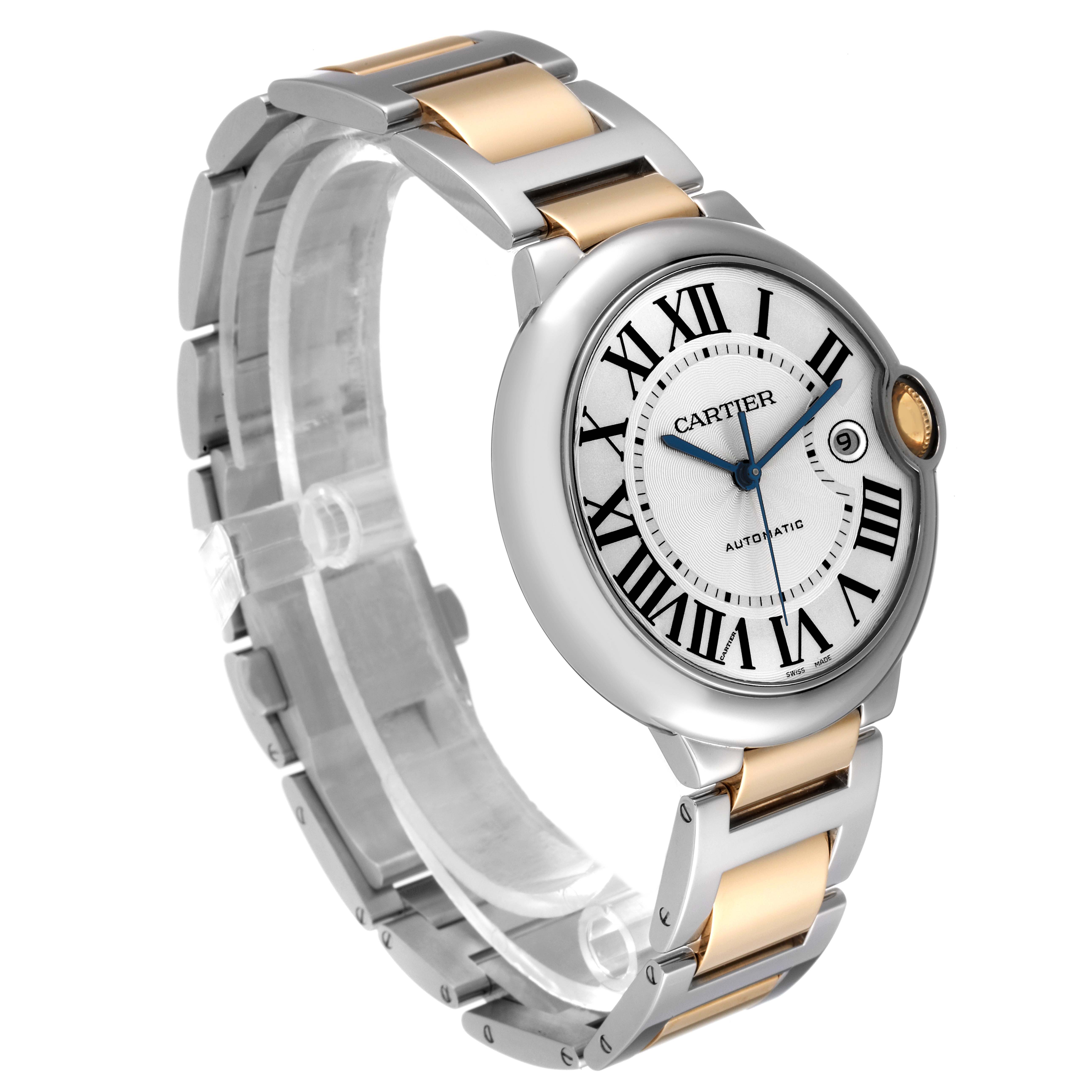 The image shows a side and front view of the Ballon Bleu de Cartier watch, highlighting the dial, bracelet, and crown.