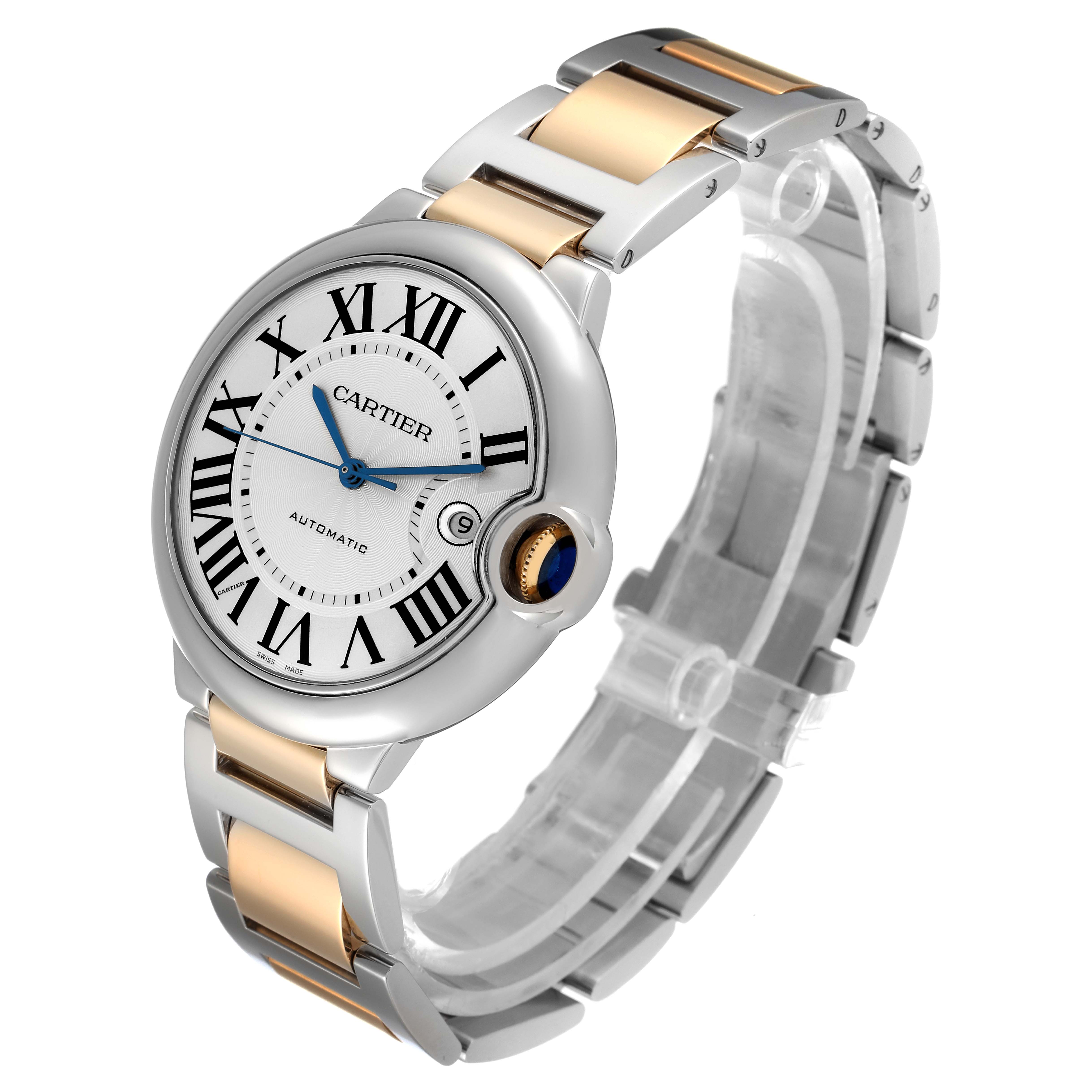 The image shows a side/front angle of a Cartier Ballon Bleu W69009Z3 Men's Steel and Gold (two tone) Silver Dial W69009Z3 Men's Steel and Gold (two tone) Silver Dial watch, highlighting its two-tone bracelet and round face with Roman numerals.
