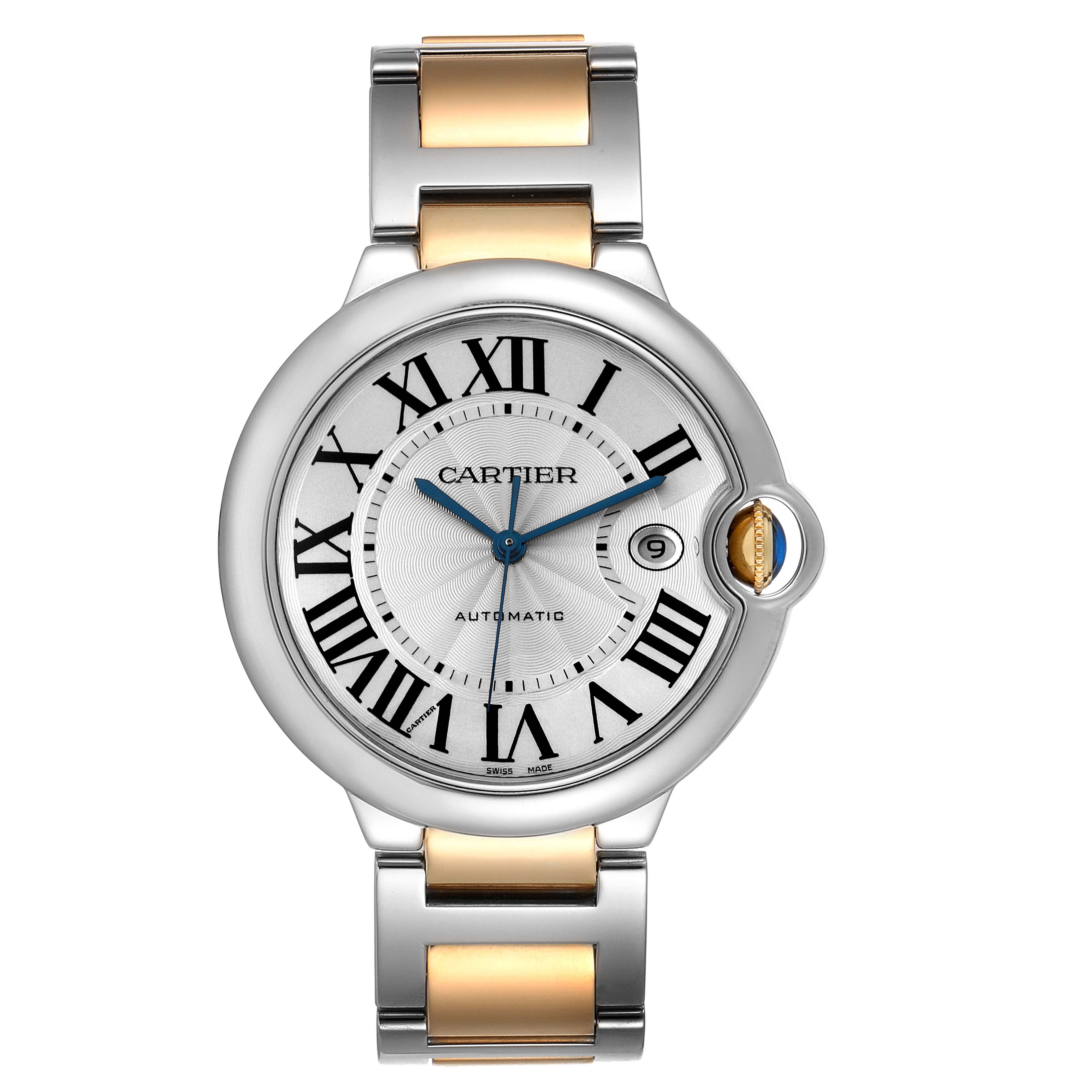 The image shows a front view of a Ballon Bleu model by Cartier, featuring the watch face and two-tone metal bracelet.