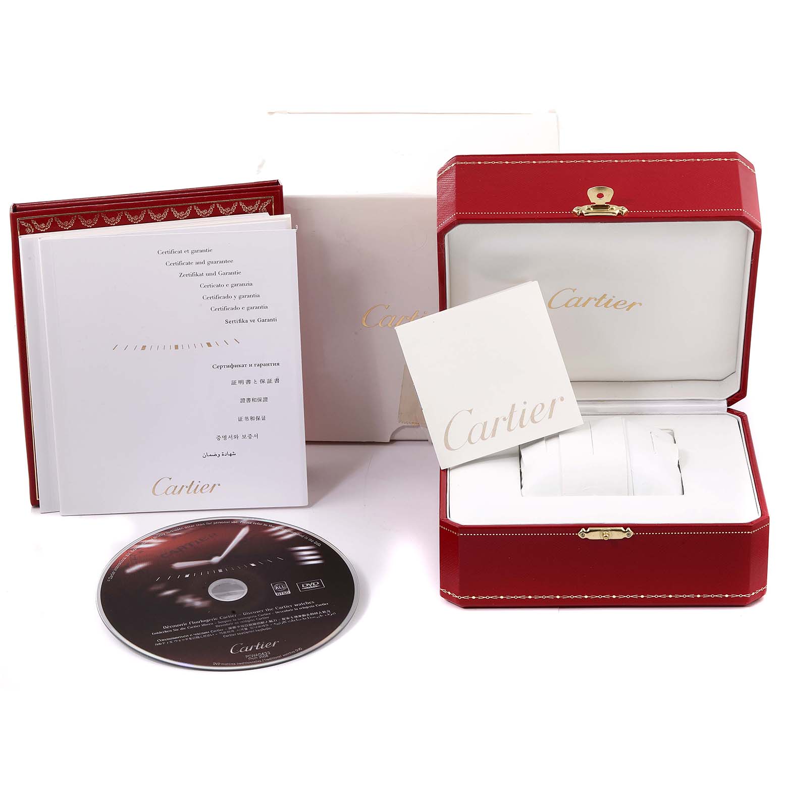This image shows the packaging, manuals, a CD, and warranty card for the Ballon Bleu model by Cartier, along with the red watch box.