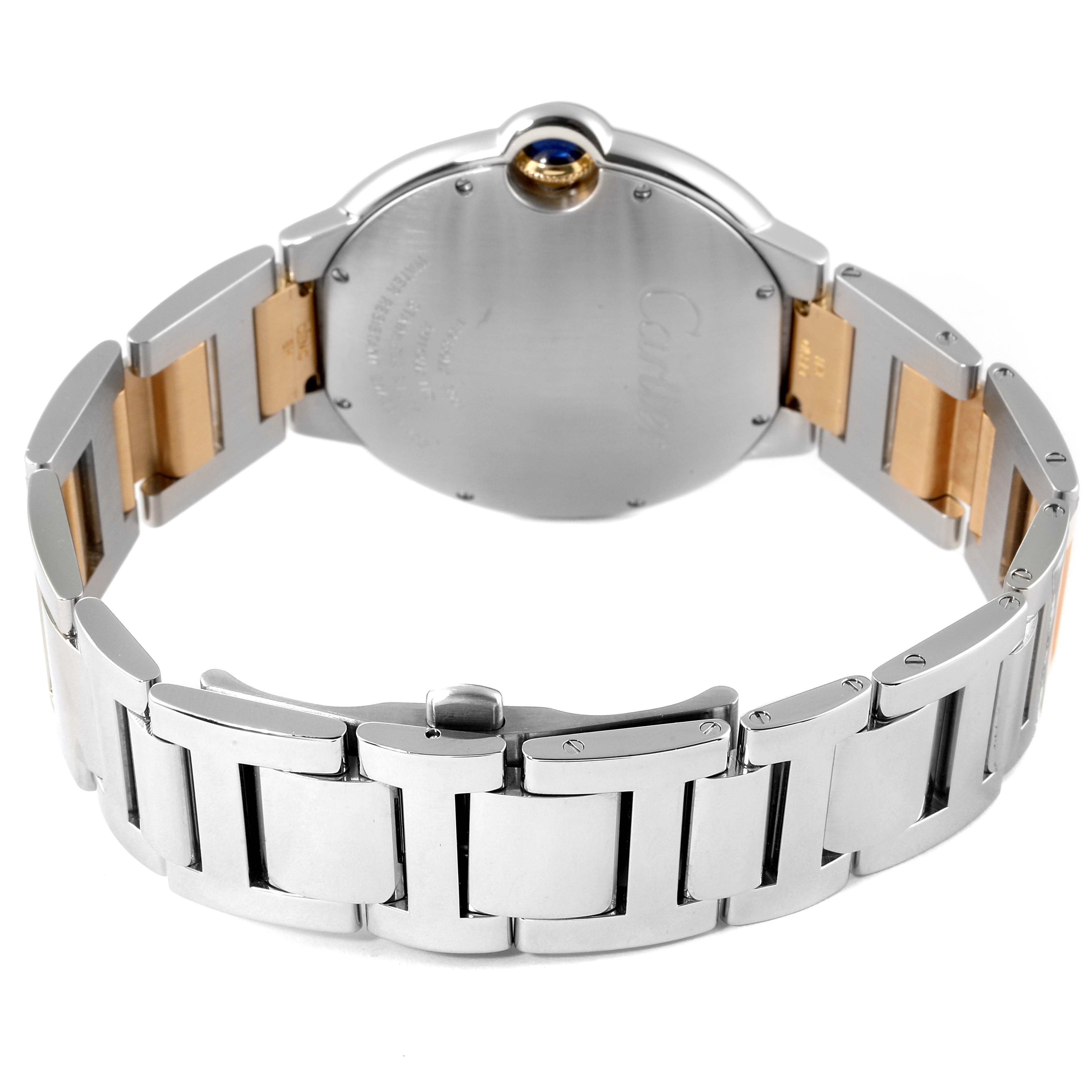 The image shows the back and bracelet of the Cartier Ballon Bleu W69009Z3 Men's Steel and Gold (two tone) Silver Dial W69009Z3 Men's Steel and Gold (two tone) Silver Dial watch, highlighting the metal links and case back.