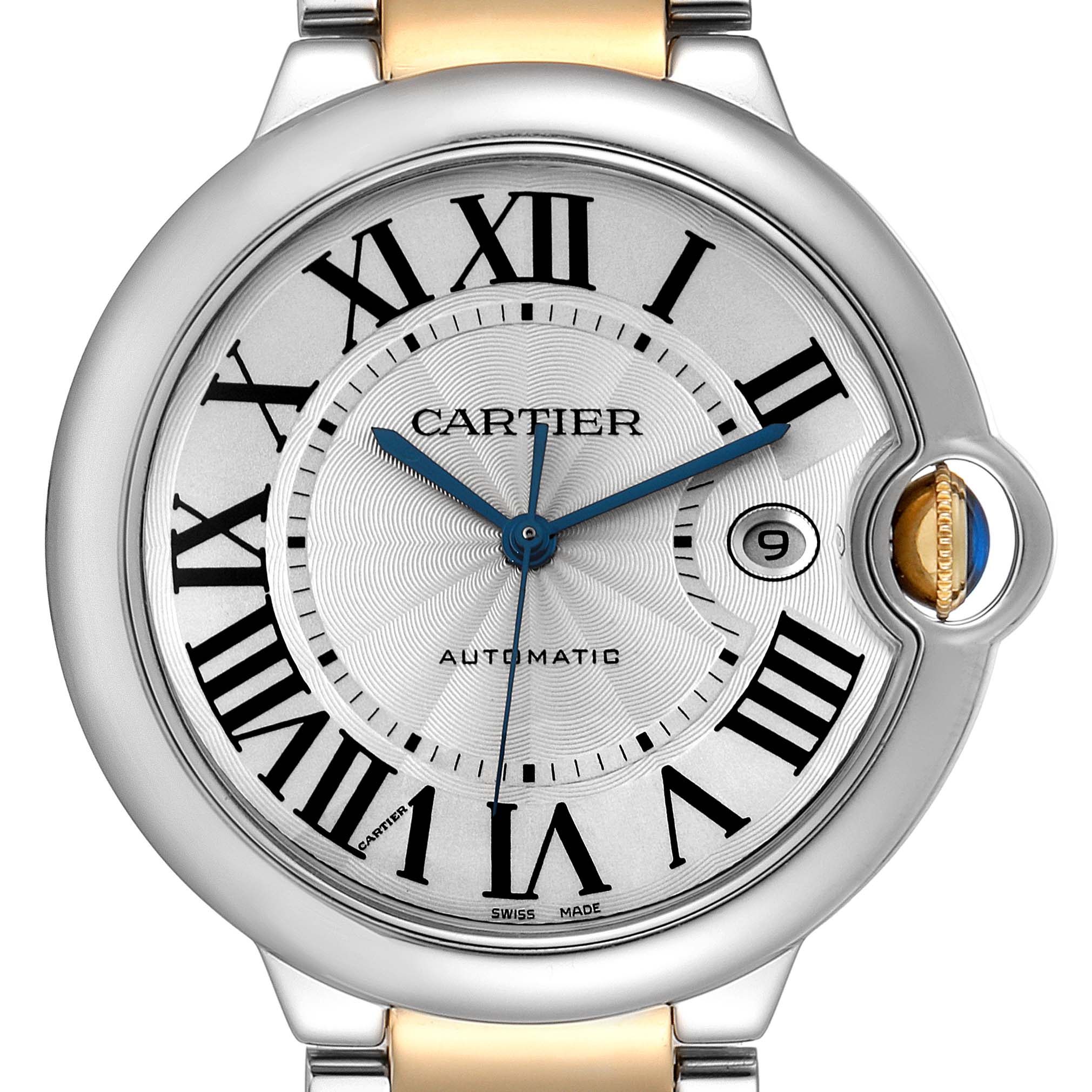 This image shows a close-up of the face and bezel of a Cartier Ballon Bleu W69009Z3 Men's Steel and Gold (two tone) Silver Dial W69009Z3 Men's Steel and Gold (two tone) Silver Dial watch, highlighting its Roman numerals and blue hands.