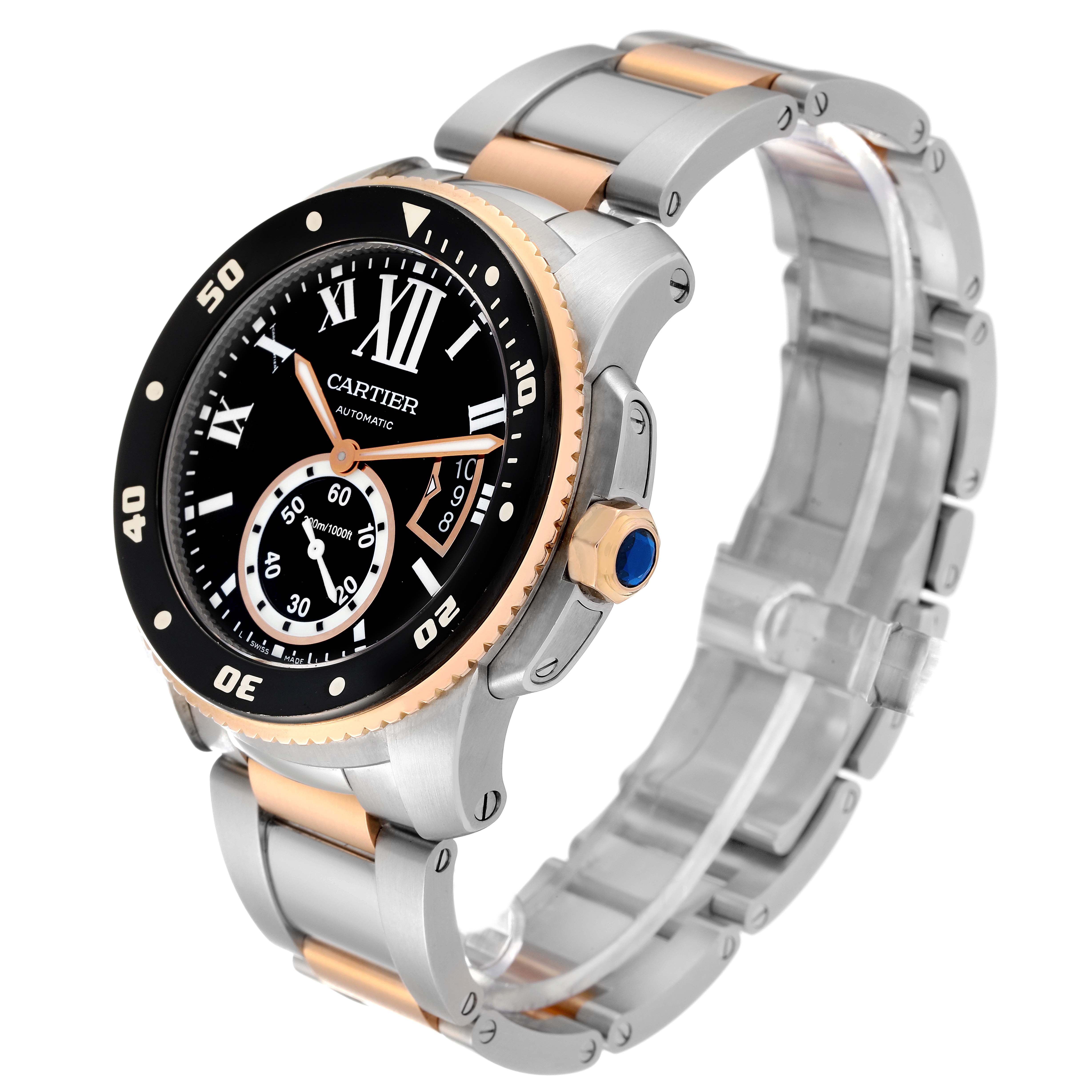 The Calibre de Cartier watch is shown at a three-quarter front angle, displaying the dial, bezel, crown, and bracelet.