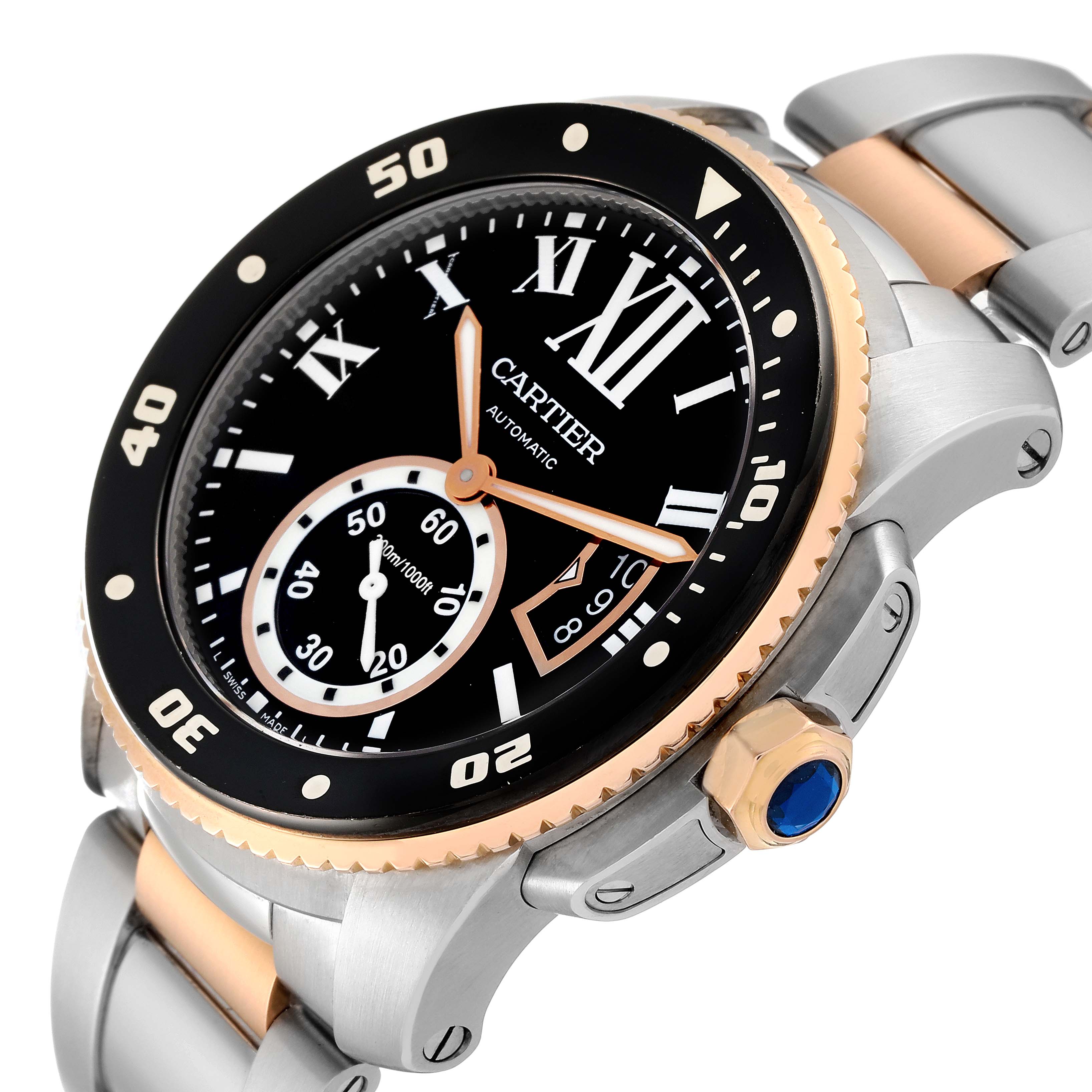 The image shows a close-up angle of the Calibre de Cartier watch by Cartier, highlighting the dial, bezel, crown, and part of the bracelet.