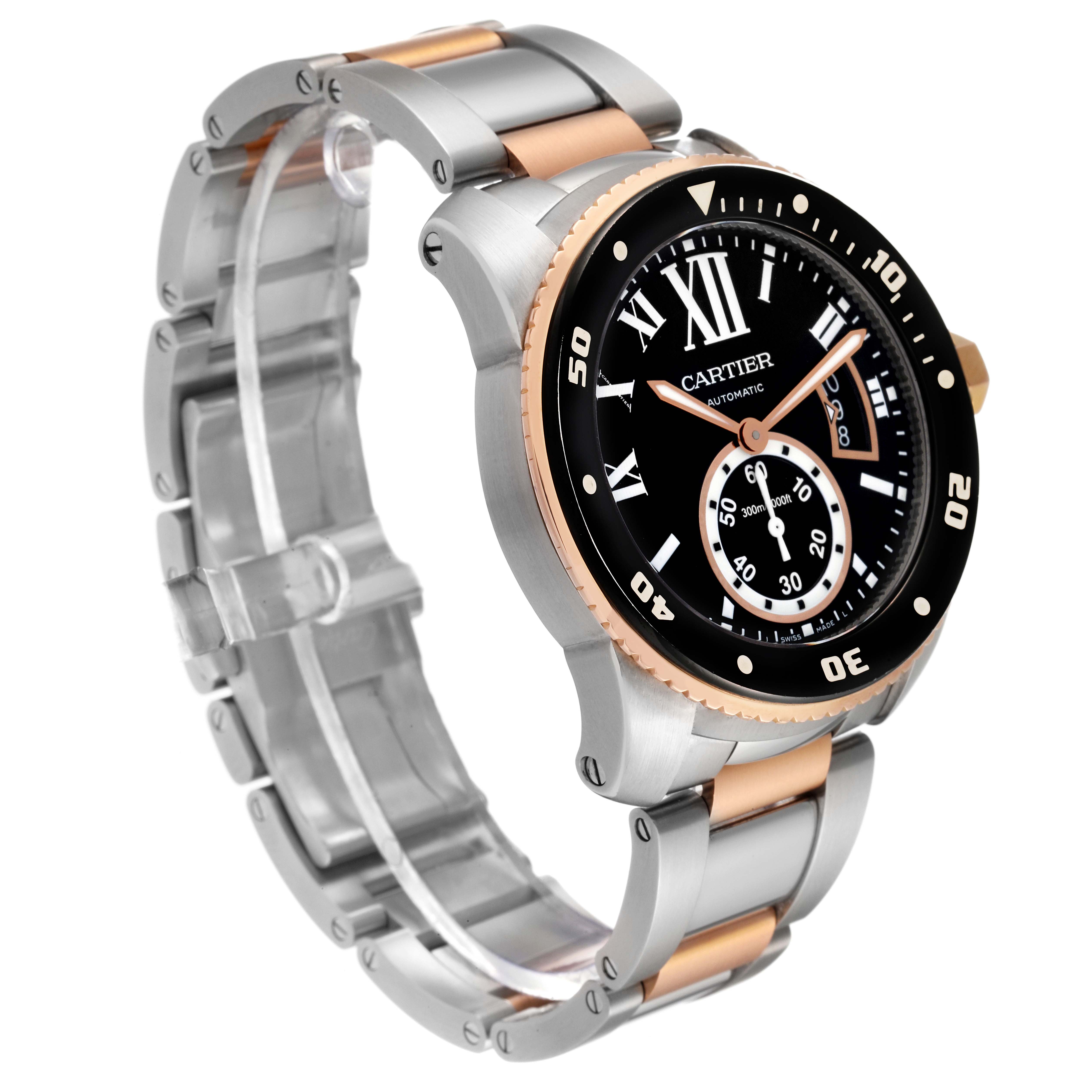 This image shows a Calibre de Cartier watch by Cartier at a three-quarter angle, highlighting the dial, bezel, and bracelet.