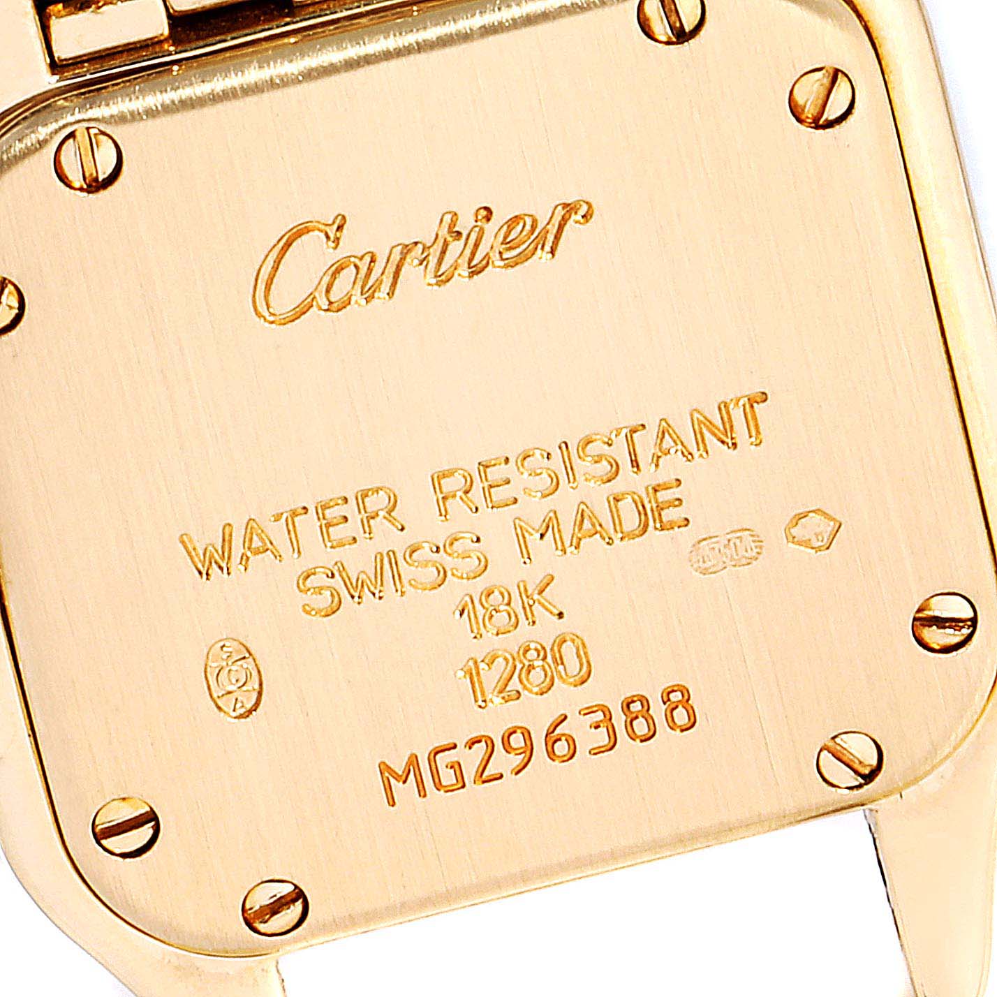 The image shows the back of a Panthere model by Cartier, highlighting the engravings and screws.