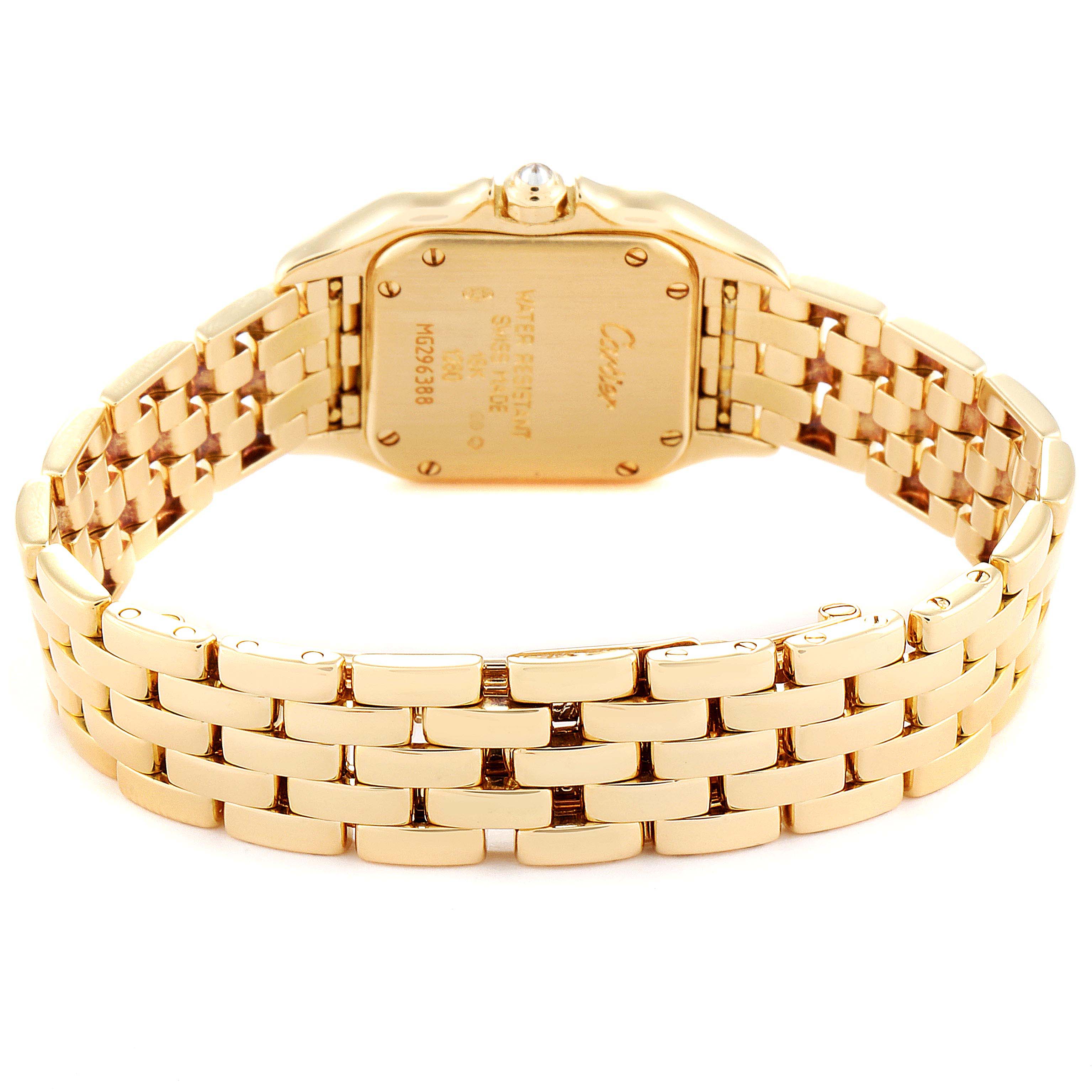 The image shows the back view of the Cartier Panthère watch, highlighting the gold bracelet and caseback.