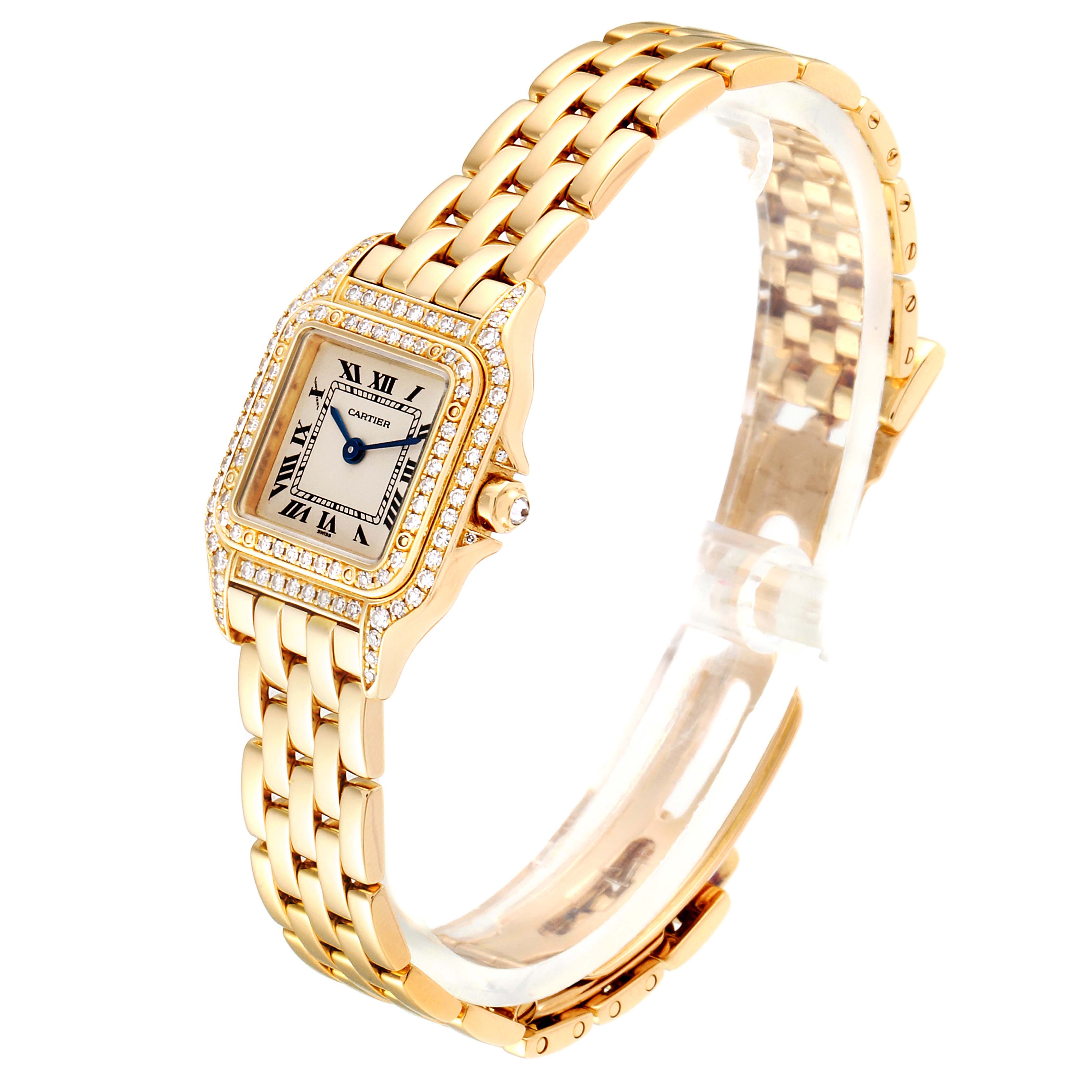 The image shows a Cartier Panthere WF3072B9 Women's Yellow Gold Silver Dial WF3072B9 Women's Yellow Gold Silver Dial watch at a three-quarter angle, highlighting its gold band and diamond-encrusted bezel.