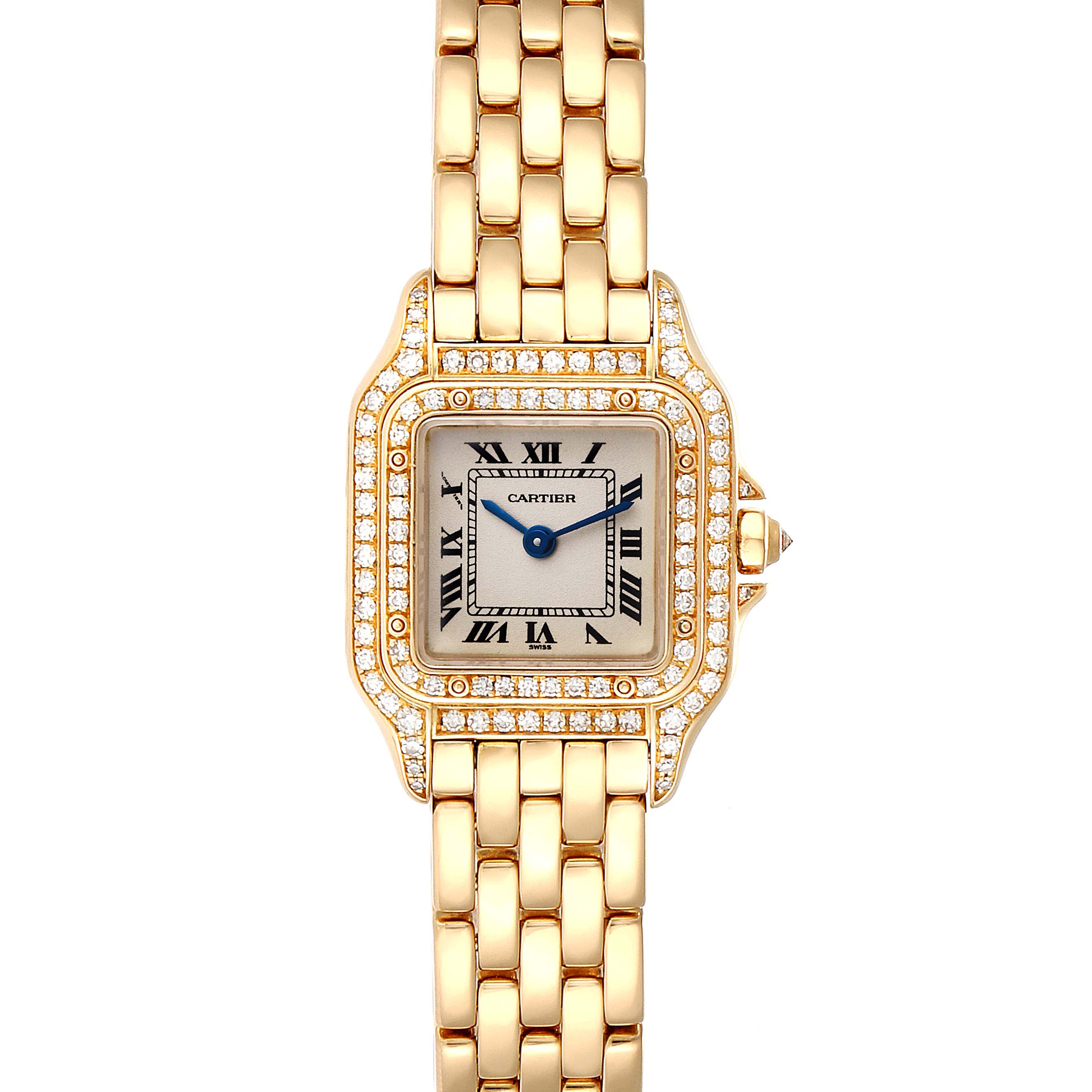 The image shows a front view of a Cartier Panthere WF3072B9 Women's Yellow Gold Silver Dial WF3072B9 Women's Yellow Gold Silver Dial watch, highlighting its square face, roman numerals, and gold bracelet.